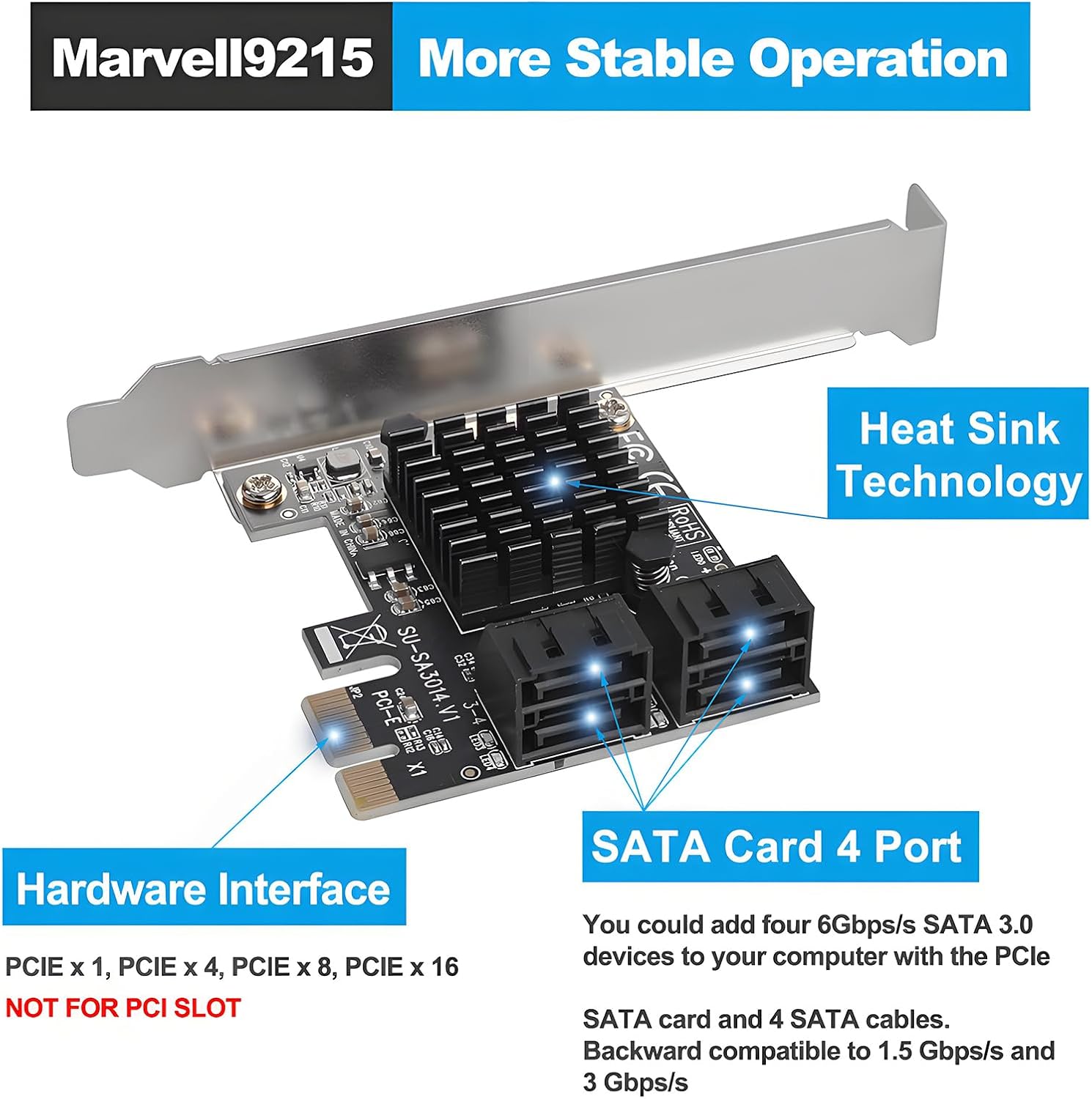 SATA Card, 6Gbps 4 Port Controller Expansion Card with 4 Cables & Low Profile Bracket, Non-Raid, Boot as System Disk, Support 4 SATA 3.0 Devices for Desktop PC & Workstation