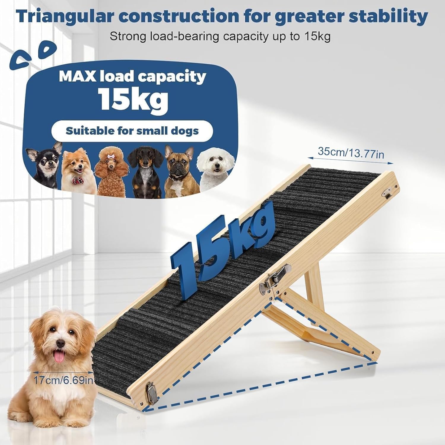 Small Dog Ramp, Dog Ramp for Bed, 13.7" W Foldable Pet Ramps for Small Dogs to Get on Couch Car - Adjustable from 10" to 19"- 32" Long with Non-Slip Mat for Dog Cat Climbing