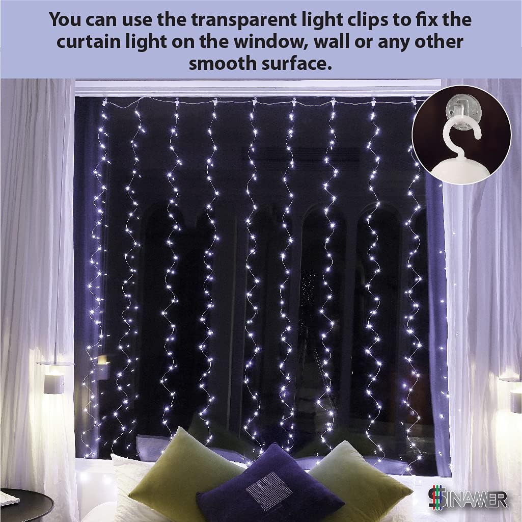 SINAMER White Curtain Light for Bedroom, 6.56ft x 9.8ft 300 LED String Light with 16 Hooks, 8 Lighting Models Remote Control, Window Fairy Light with USB for Wedding Party Garden Indoor Decorations