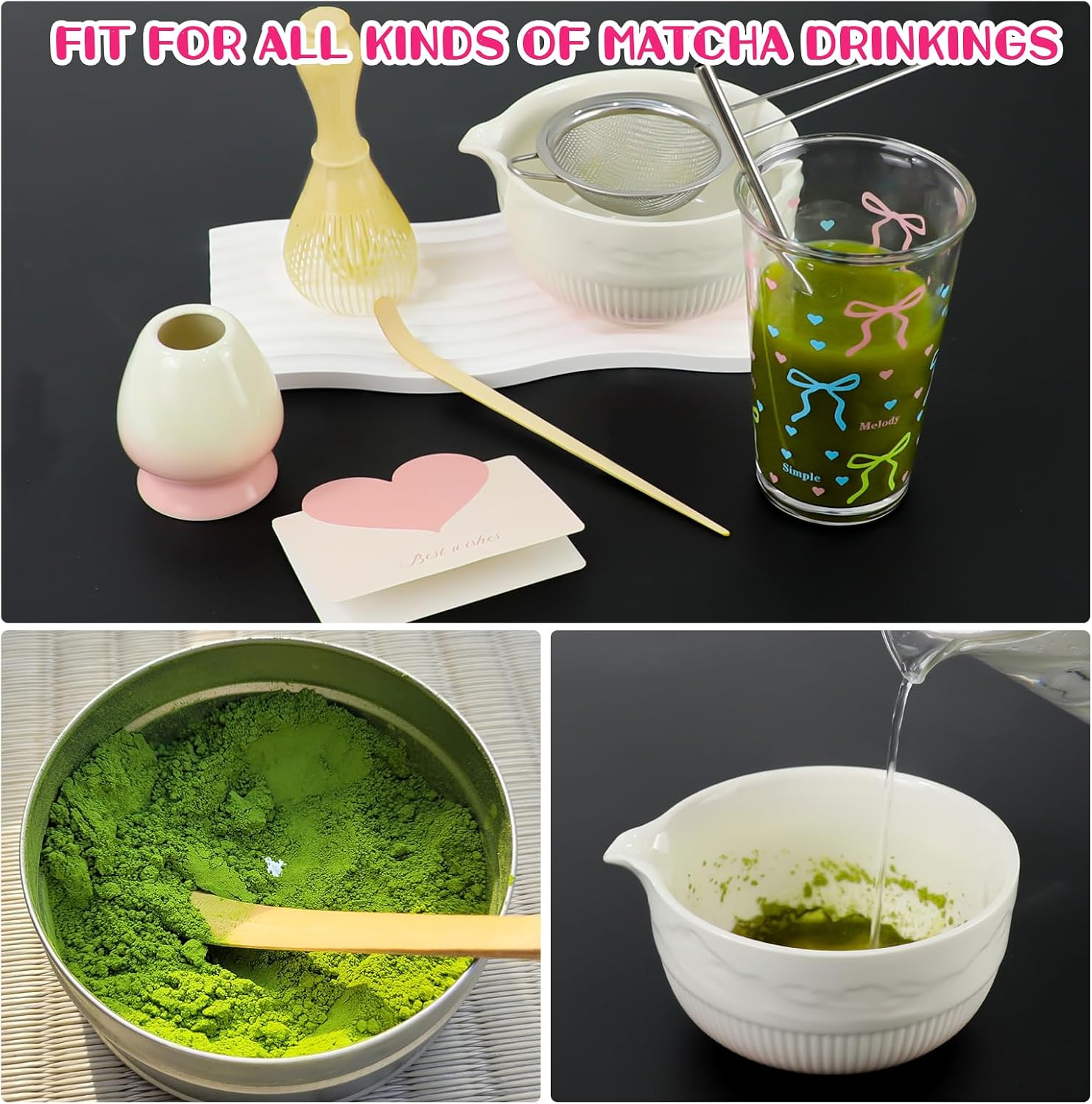 Matcha Making Kit Gifts for Teen Girls, Birthday Gift for Teenage Girl Ages 10 11 12 13 14 15 16 18, Tween Girl, Girlfriend, Woman Gift Basket Stuffers with Whisk Set, Pink Bowl, Glass