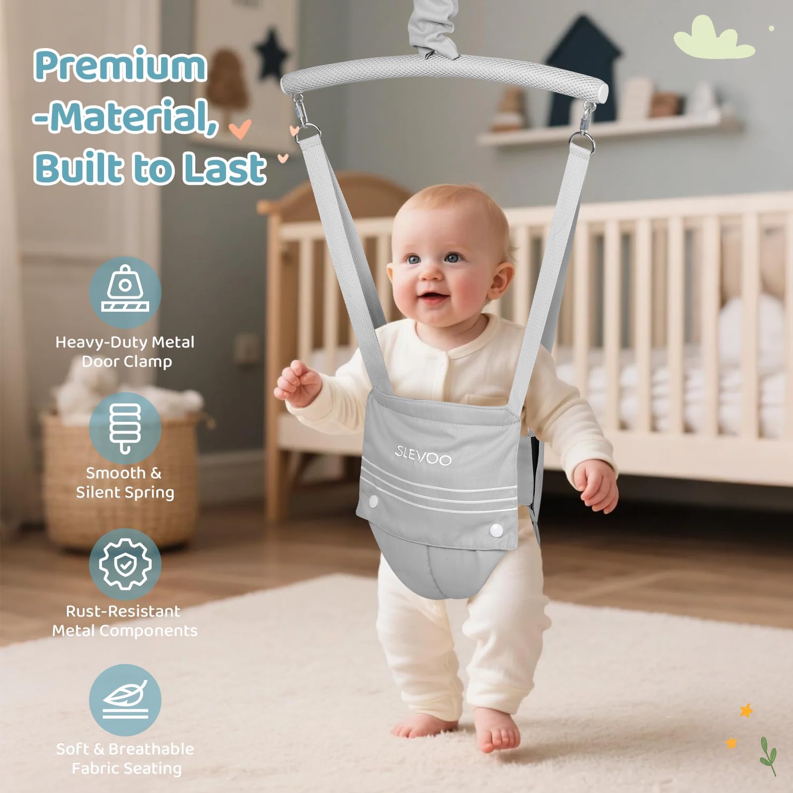 Slevoo Baby Jumper, BabyTürhopser für Babys von 6–24 Monaten, Baby-Türwippe mit einfach zu verwendender Klemme und verstellbarem Gurt, Tragfähigkeit 18 kg(Grau)