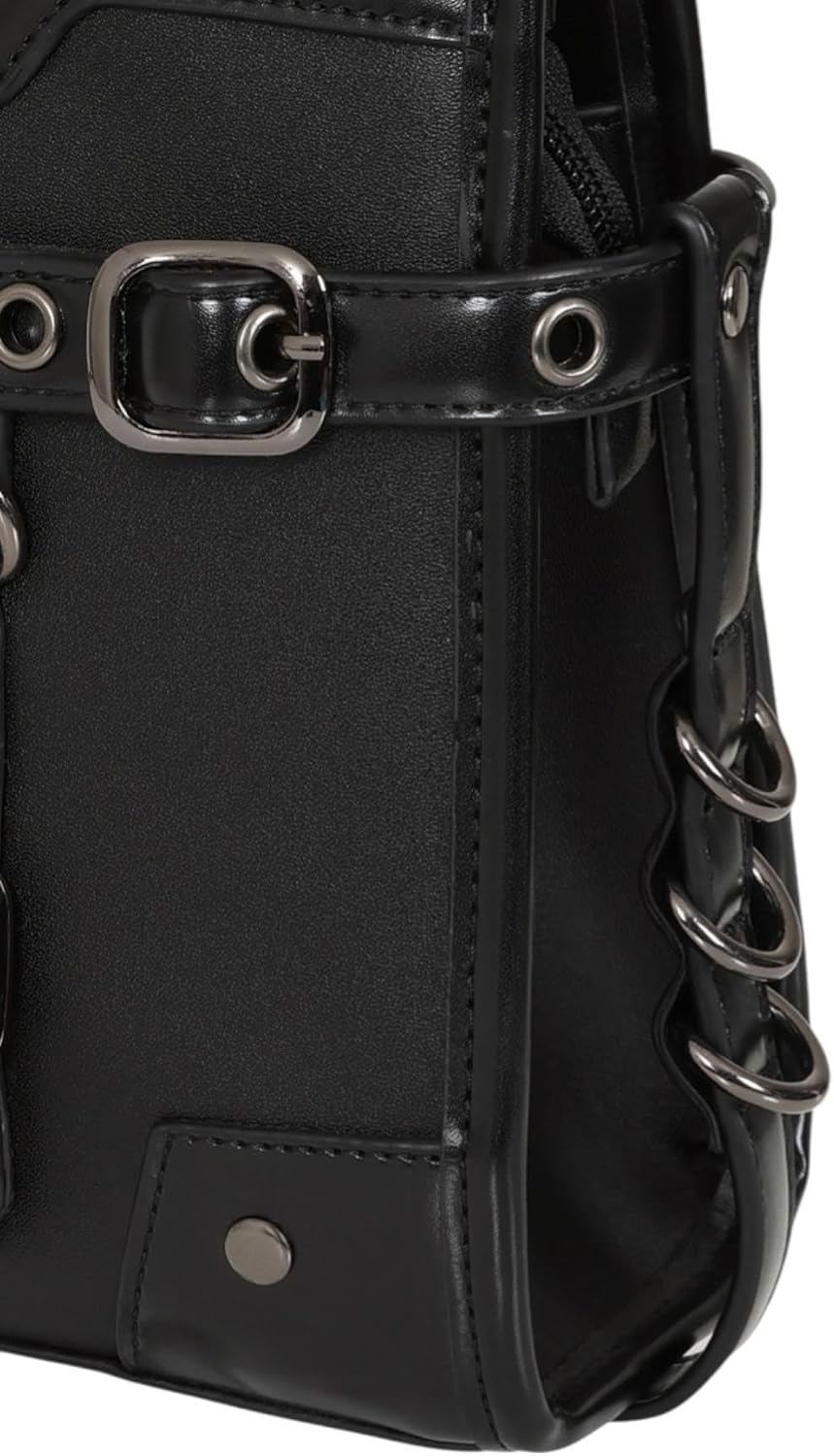 Banned Ledger Satchel Bag Black Structured Buckle Faux Leather Handbag | Structured satchel bag with bold buckle straps and polished metal hardware for a sharp alternative look. Compact 26 × 10 × 19