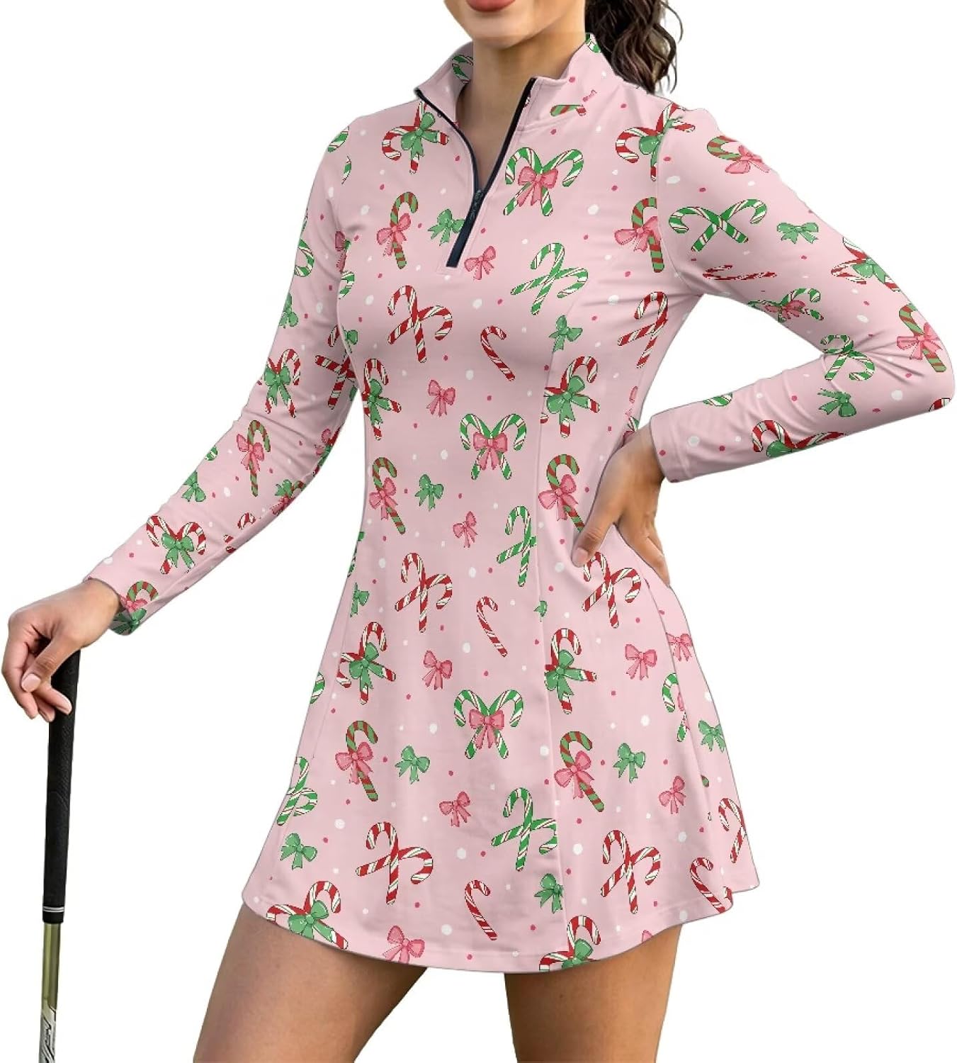 doginthehole Christmas Tennis Dresses for Women with Shorts Long Sleeve Golf Dresses 1/4 Zip Up Collar Workout Dress