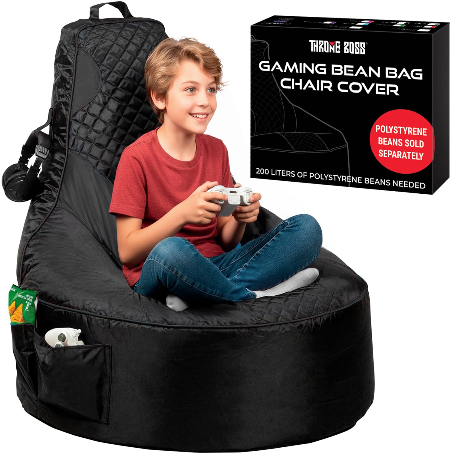 Throne Boss Gaming Bean Bag Chair Cover for Kids with High Back, Black – Floor Gaming Chair Cover, Easy to Clean Fabric, Large Side Pockets, Headphone