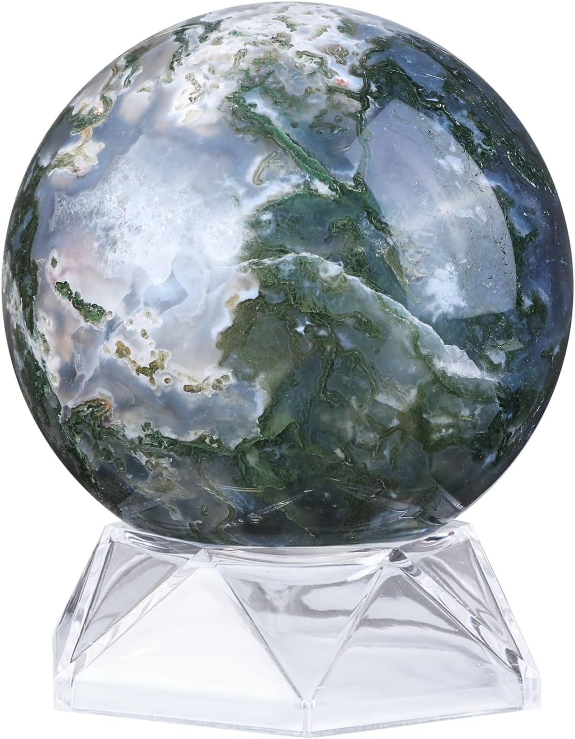 Sportmusies Natural Moss Agate Stone Ball with Acrylic Stand, Polished Crystal Sphere Specimen Reiki Healing Meditation Decoration, 2.79-3.14 inches