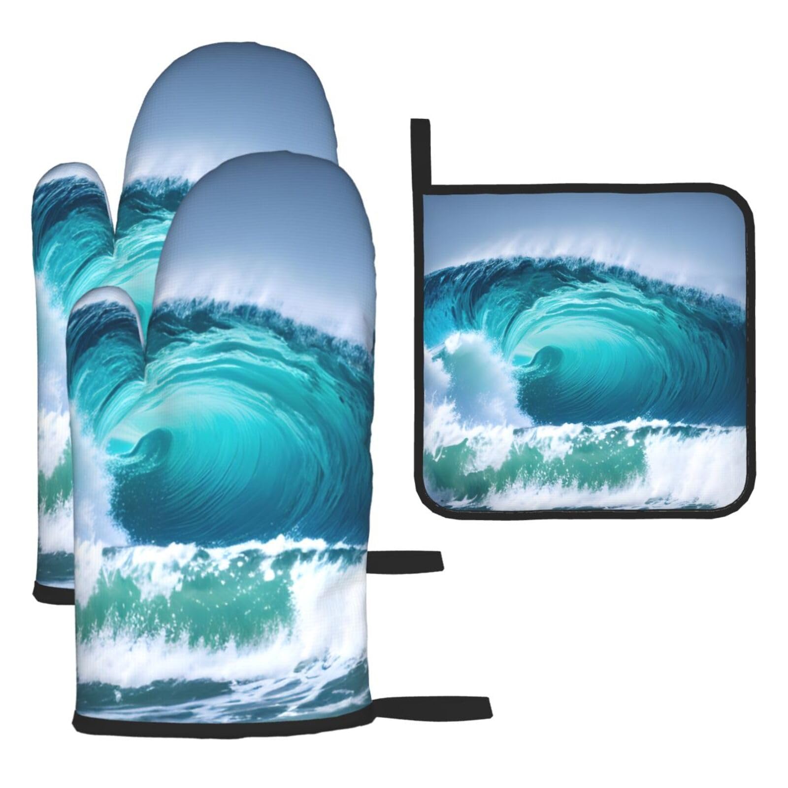 Ocean Wave Print Oven Mitts Kitchen Gloves Set Everyday Baking Grilling Microwaving Cooking Gift