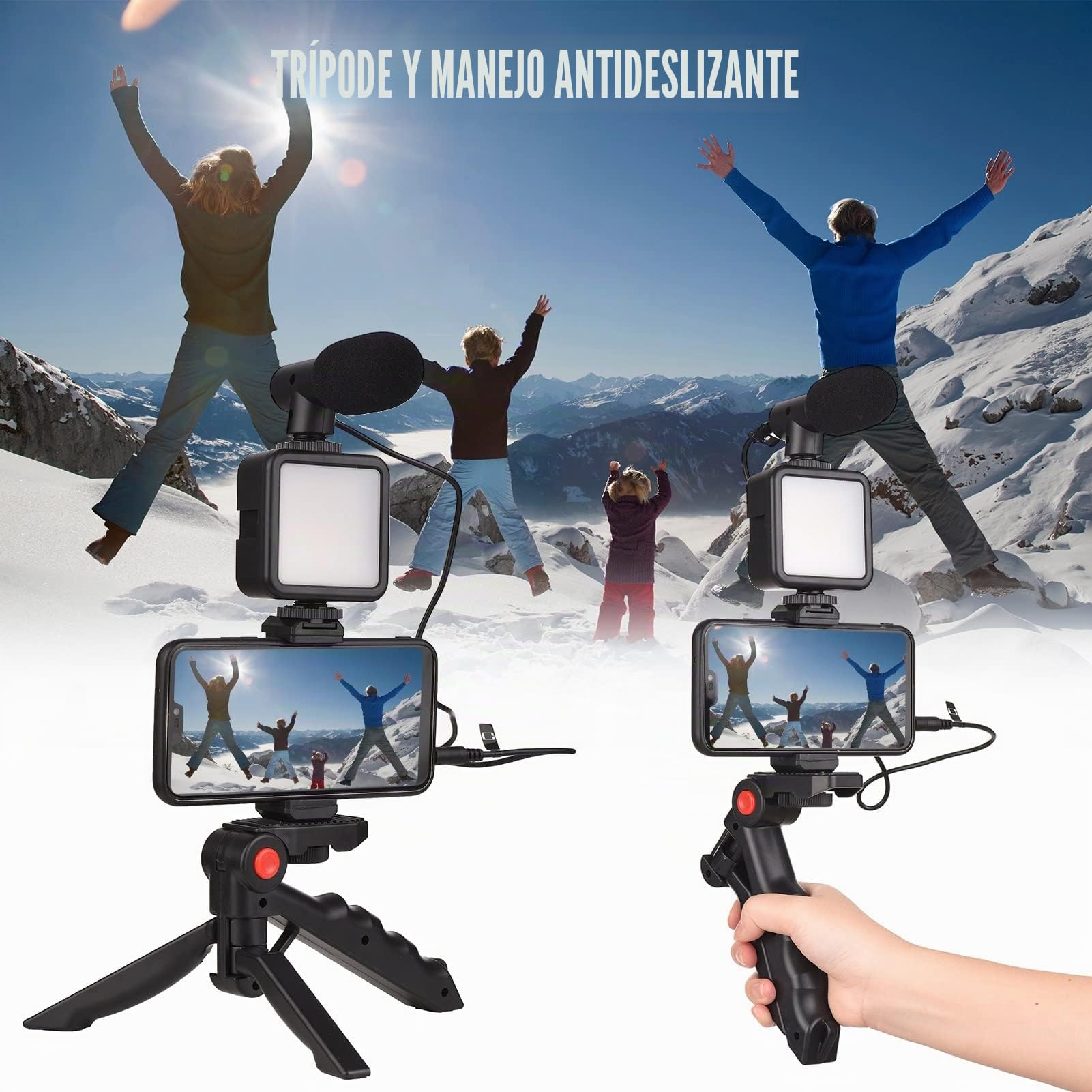 Andoer Kit de video para teléfono, luz LED cardioide + micrófono + clip extensible + trípode con brillo ajustable para vlog y transmisión en vivo