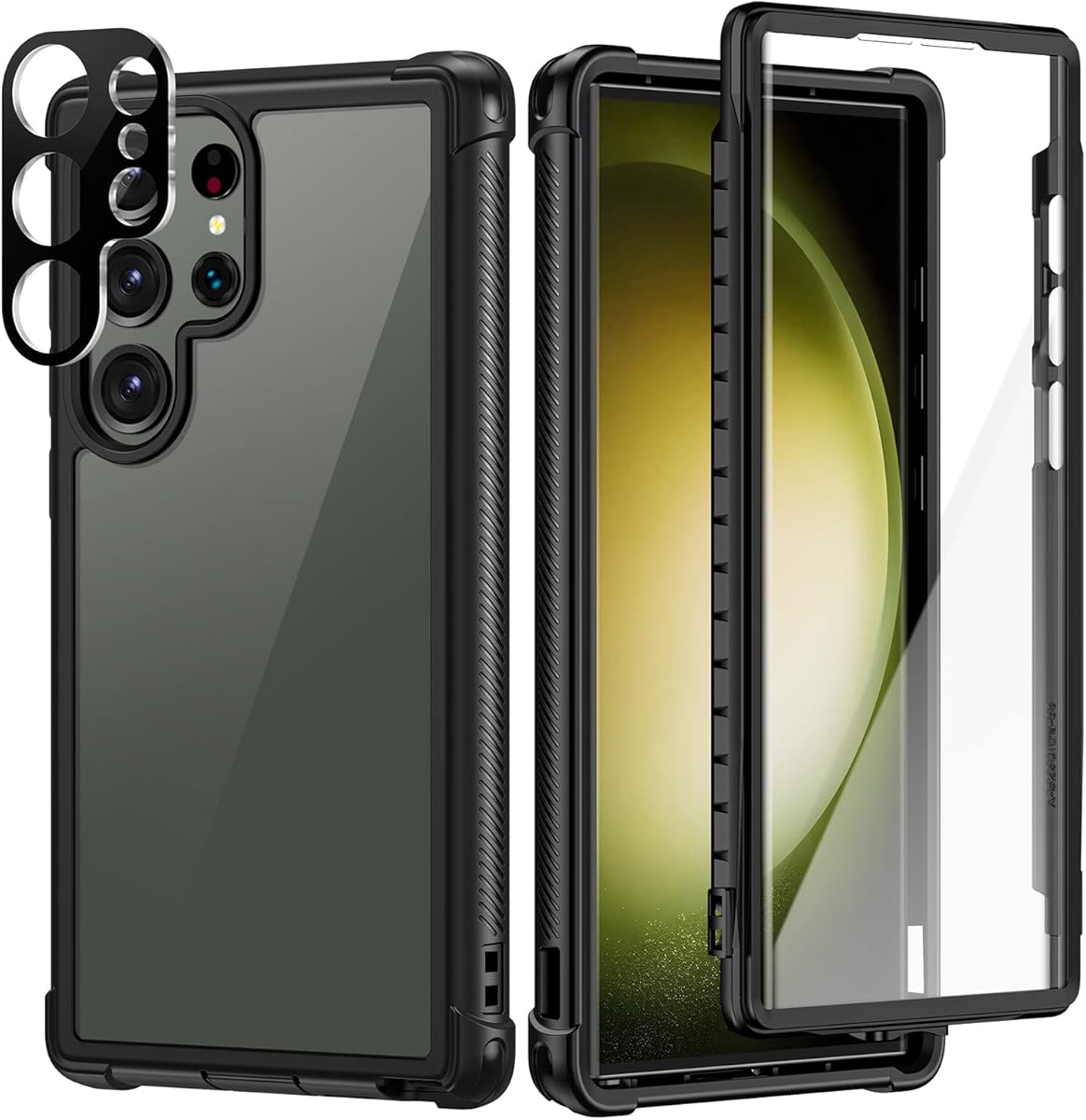 seacosmo för Samsung Galaxy S23 Ultra-fodral med inbyggt skärmskydd och 9H-kameraskyddsfilm, 360 graders fullt skydd mobiltelefonfodral S23 Ultra 5G stötsäkert robust fodral, svart