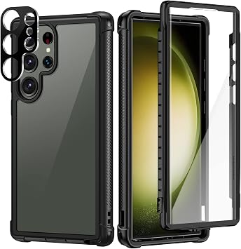 seacosmo for Samsung S23 Ultra Case with Built-in Screen Protector+Camera Lens Protector, Full Body Shockproof Military Grade Protection Bumper Clear Back Phone Case 5G, Black