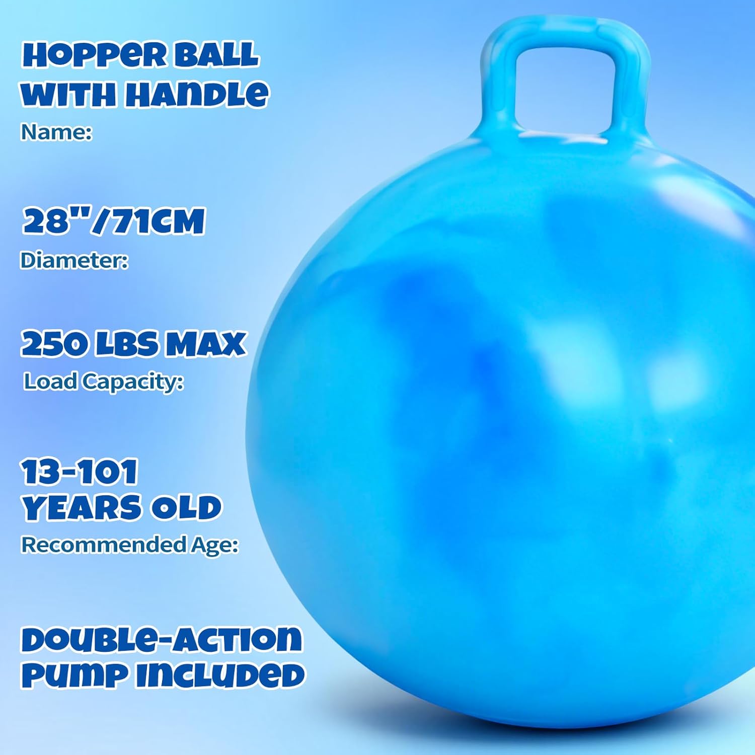 Hopper Ball for Kids Adults & Teens, 28 Inch Clouds Bouncy Ball with Handle, Sit On Hippity Hop Exercise with Air Pump, Jumping Hopping Toys Active Play for Family Activities Indoor Outdoor Fun Races