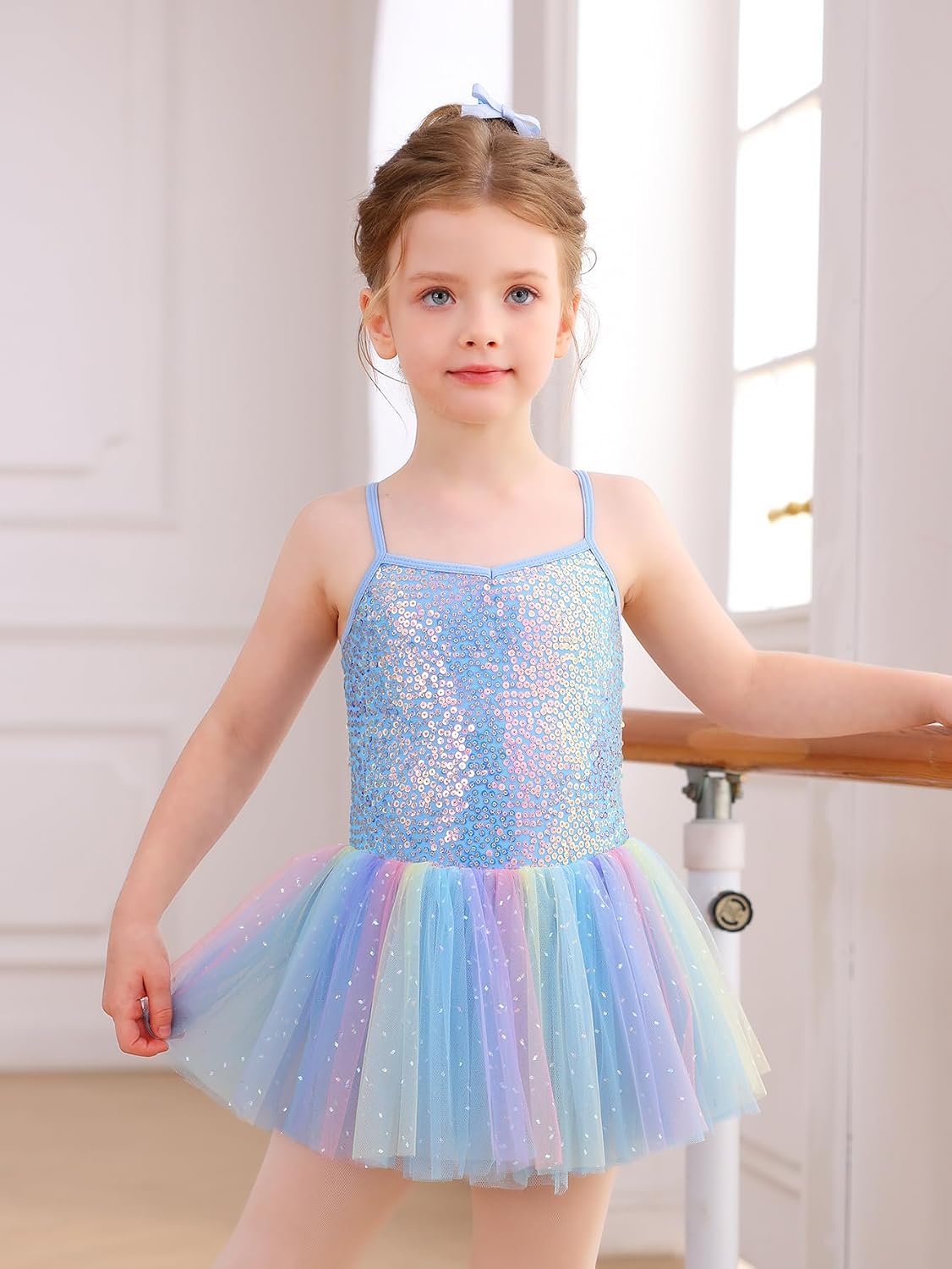 Mecceos Ballet leotards for girls Shiny Sequin Bodice Tutu Dresses, Spaghetti Strap Ballerina Outfit