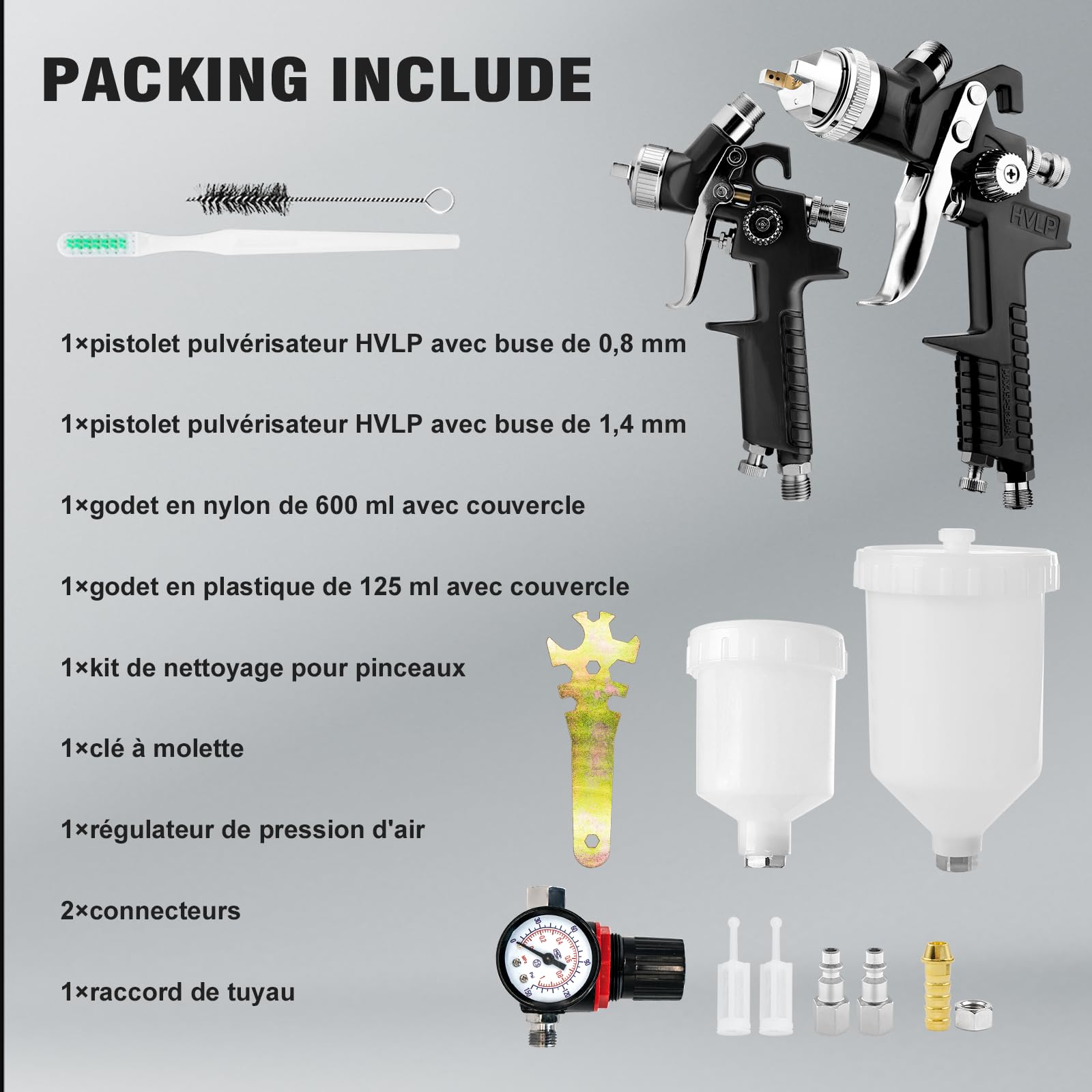2-in-1 HVLP Pulvérisateurs de Peinture avec buse de 0,8mm Buses 125ML Tasse et 1,4 mm Buses 600ML Tasse Pistolet pulvérisateur Professionnel pour Peinture de Meubles de Voiture (Noir)