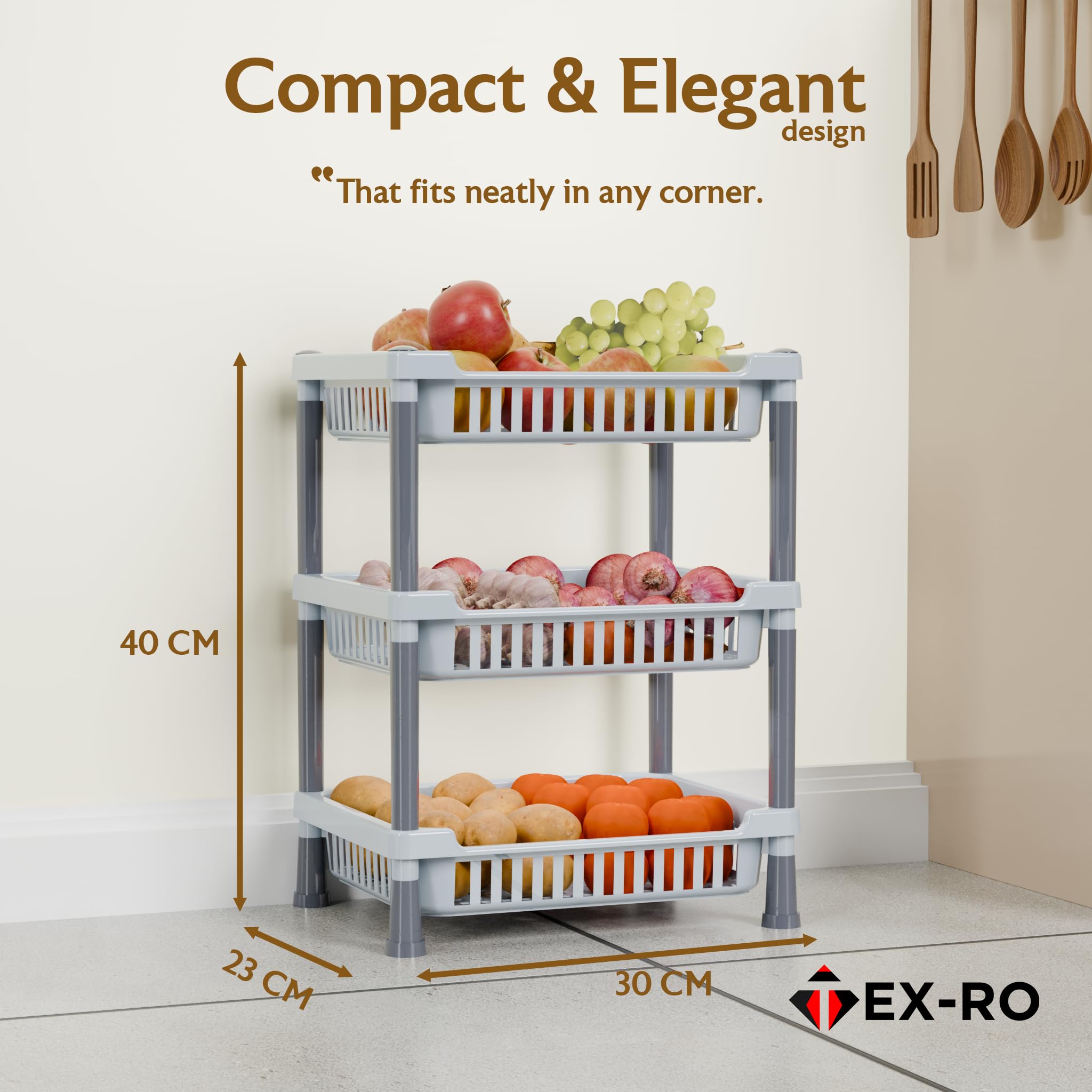 TEX-RO 3-Layer Kitchen Rack Stand/Multipurpose Rack for Storage/Vegetable Stand for Kitchen Storage Rack/Durable Kitchen Racks for Storage (Grey) - Image 2 thumbnail