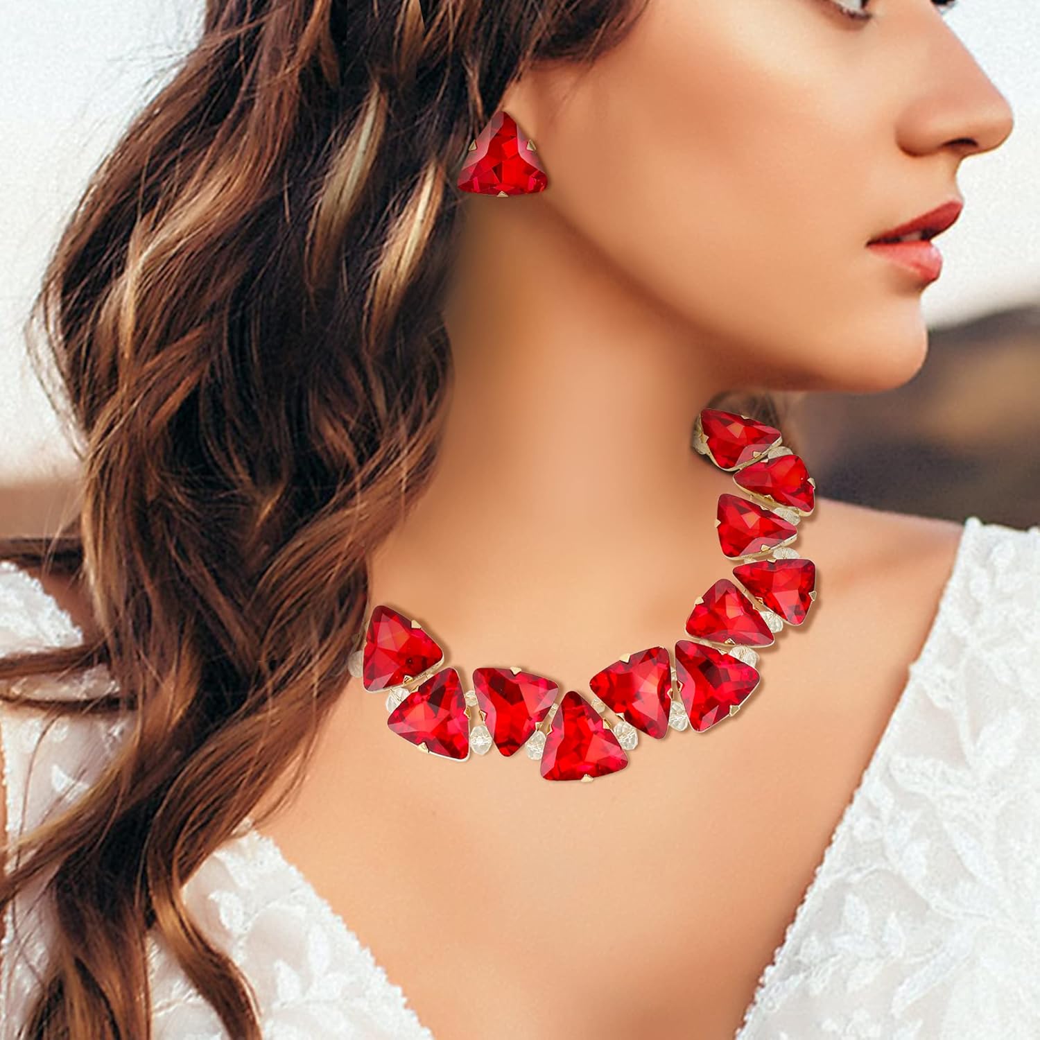 BriLove Art Deco Sparkly Triangle Statement Necklace Earrings Set for Women - Image 2