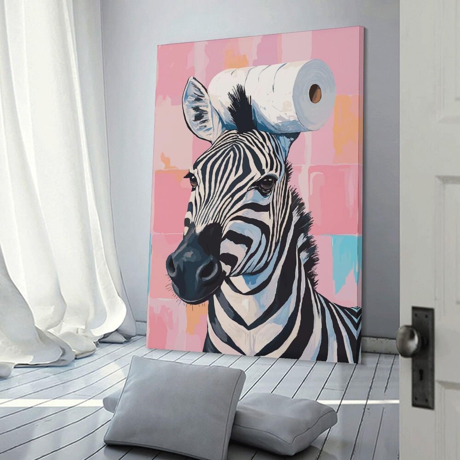 Junmoney Frame-Style-4 Decorative Wall Artwork Zebra With Toilet Paper Hat, 16X24inch(40X60cm), For New Homes, Bedrooms Or Workspaces, Canvas Artwork With Gifting Potential