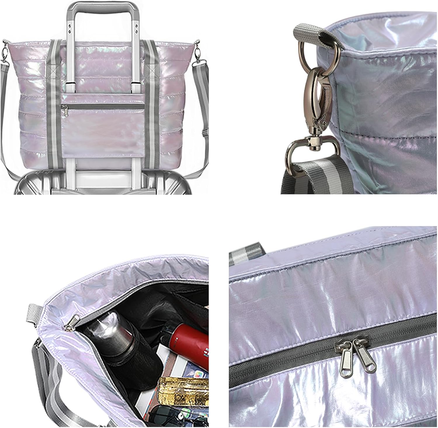 Women Tote Bag, Quilted Puffer Work Shoulder Bag with Laptop Compartment Trolley Sleeve, Large Puffy Travel Handbag - Image 4