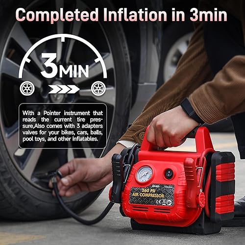 Miniatura 3 de Arrancador de batería de coche con compresor de aire portátil de 1000 amperios (Satisfy 5L GasDiesel), cargador de batería de coche de 12 V con