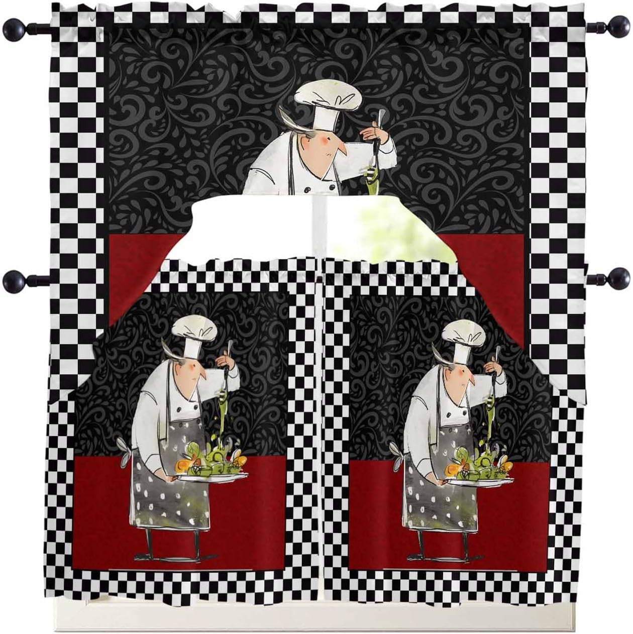 Chef Swag Kitchen Curtain Sets with Valance,3 Pieces Rod Pocket Curtain Drapes for Bedroom Living Room Bathroom Cafe Windows,Vintage Black White Checkered Flag Red Perris 56''x36''&24''x27.5''x2Panels