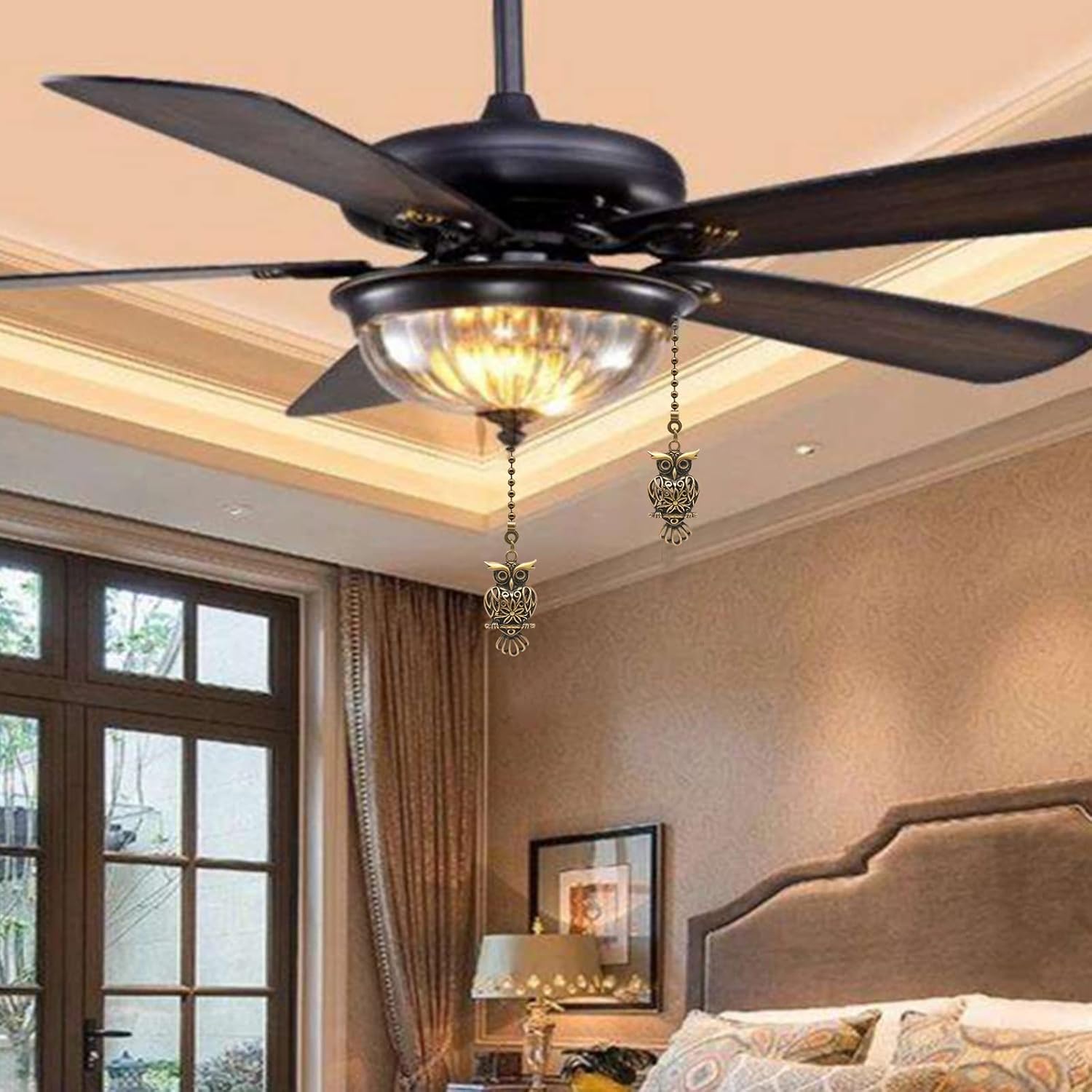 2Pack Vintage Owl Ceiling Fan Pull Chain, Bronze String Charm Decorative Extension, 14in 3mm Beaded Core Extender Ornament with Connector for Fan Wall Lamp