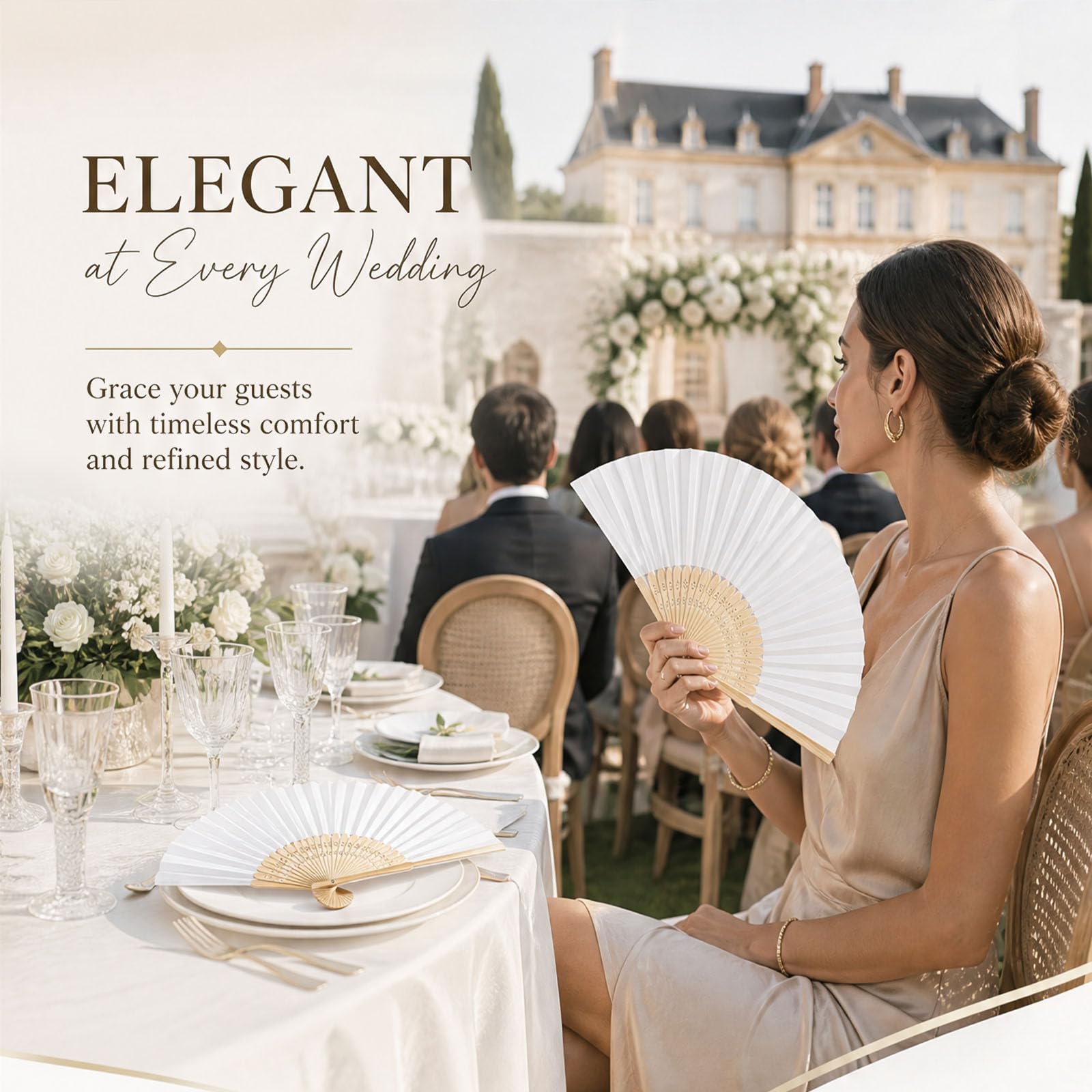 48pcs Eventail Mariage Personalisable Eventail Blanc Pliant de Papier pour Décoration Mariage Anniversaires DIY Party