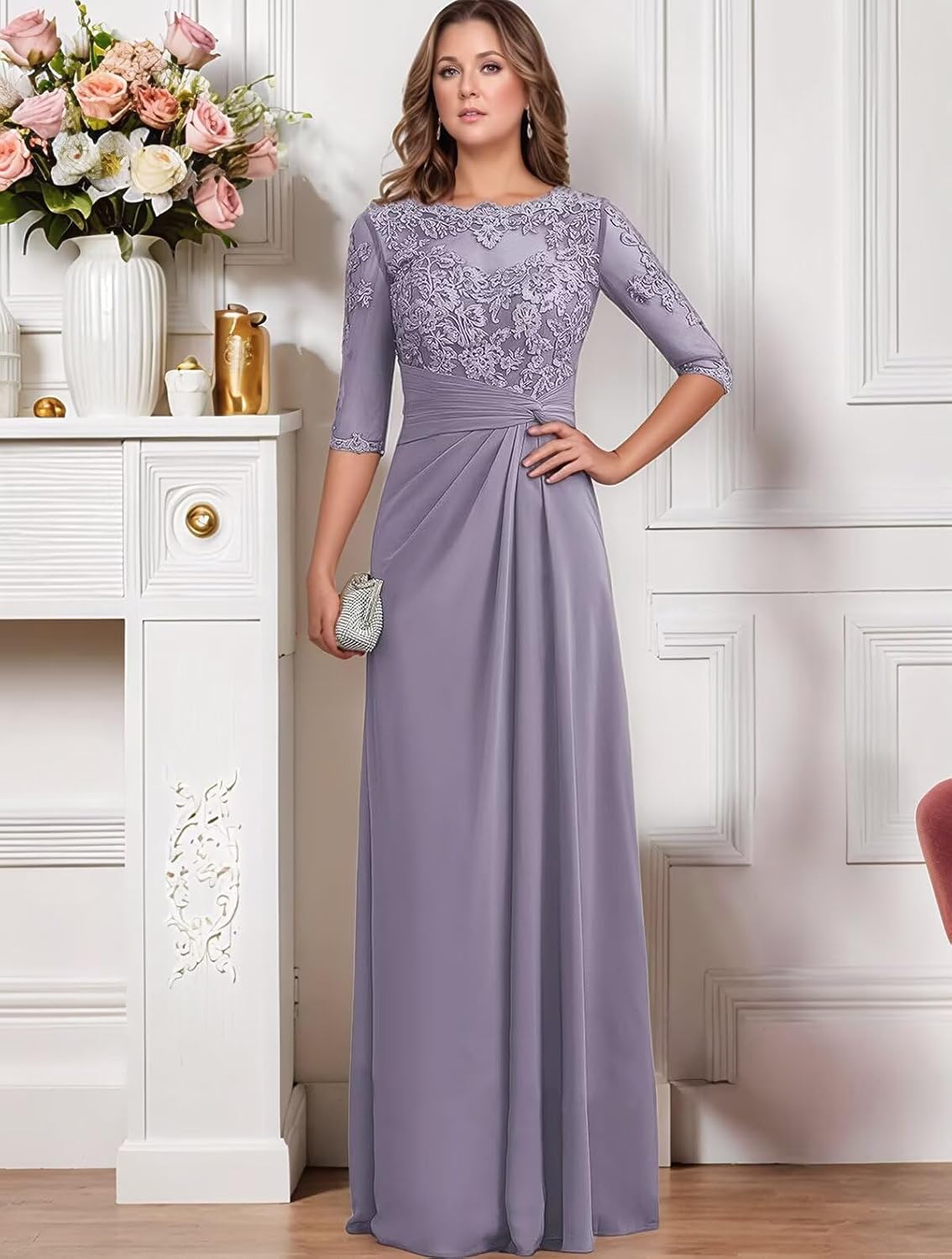 Chiffon Mother of The Bride Dresses 2026 Long Lace Appliques Ruffle Half Sleeve Formal Evening Dresses for Women