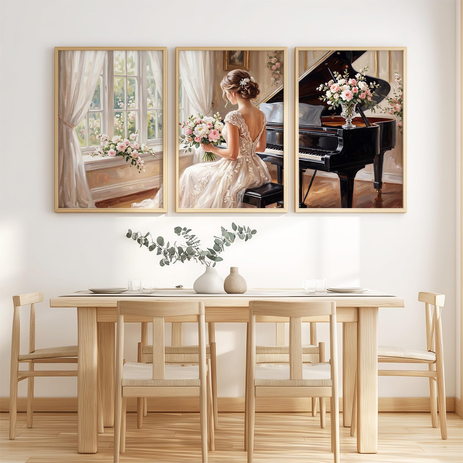 Generisch 3-teiliges Wandbild Leinwand Set 50 x 70 cm, Ohne Rahmen Triptychon Ästhetische Kunstdrucke Ölgemälde für Wohnzimmer & Schlafzimmer, Frau Hochzeitskleid Romantisch Klavier Blume Sanft