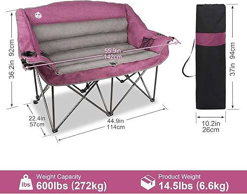 Miniatura 3 de Northroad Silla de camping doble de gran tamaño, sofá biplaza totalmente acolchado, silla doble plegable resistente con portavasos, reposabrazos y