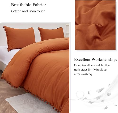 Miniatura 4 de FROHAUL Juego de edredón terracota tamaño King con flecos de pompones, edredón de algodón tamaño King - Transpirable y ligero, 3 piezas de ropa de