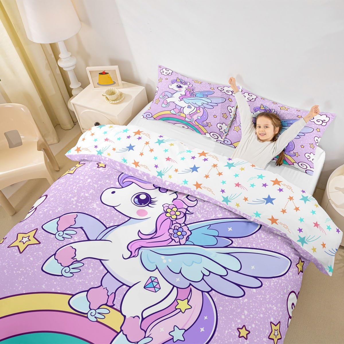 Loussiesd Cute Unicorn Duvet Cover Double Size Unicorn Glitter Bedding Set for Kids Decor Cute Animal Decor Comforter Cover Breathable Soft Microfiber Rainbow Cloundy Bedroom Decor Bedclothes