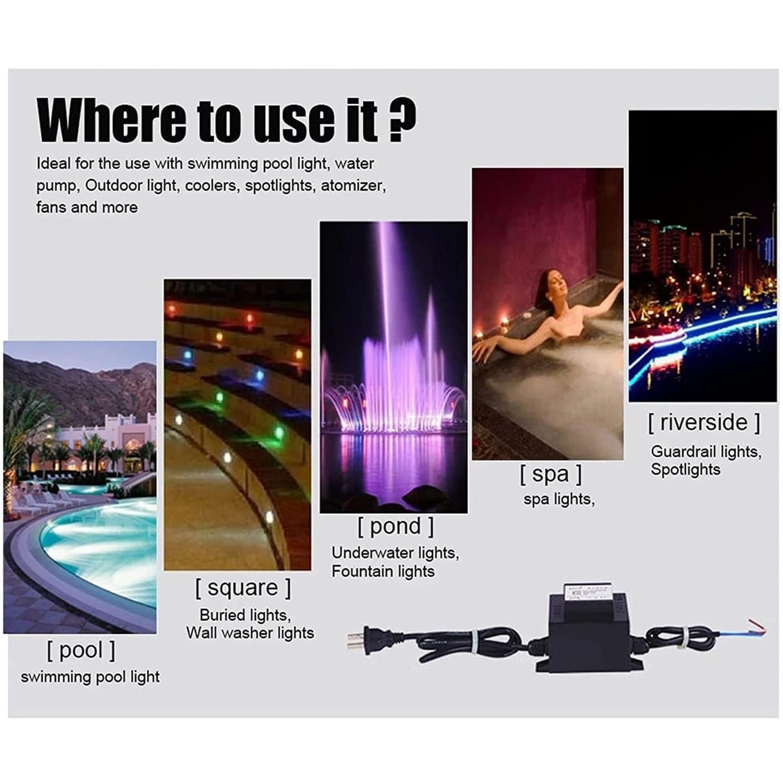 Transformador toroidal impermeable IP68 - Transformador especial de luz LED subacuática para fuente de 110V/220V a CA 12/24V, para iluminación exterior y subacuática(AC12V,600W)