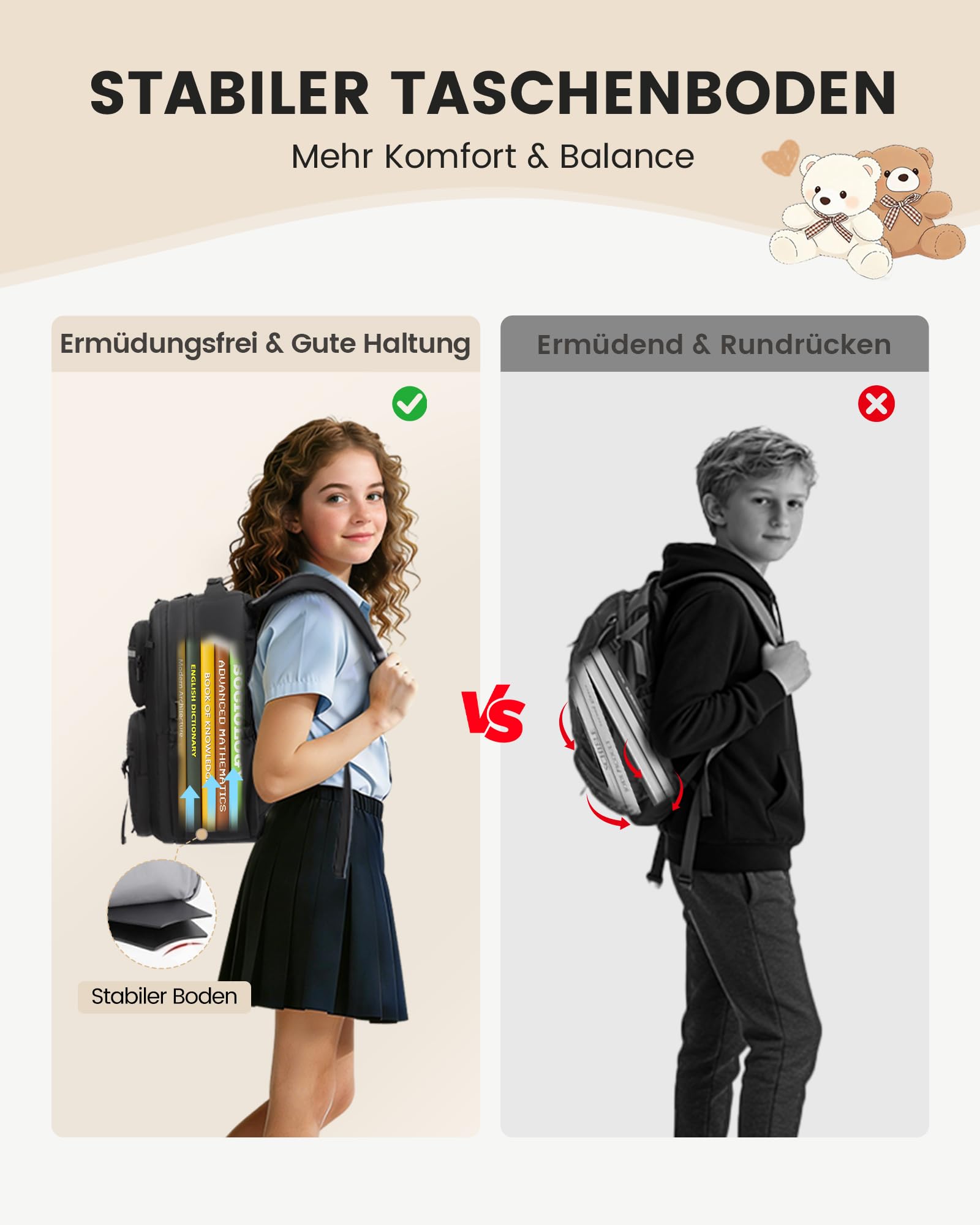 LOVEVOOK Schulrucksack Teenager Mädchen 7-16 Jahre, Schultasche mit Plüschbär & Sichtfenster, Passend für 15,6 Zoll Laptop & 1,2L Trinkflasche, Schulranzen Rucksack für Grund- & Weiterführende Schule