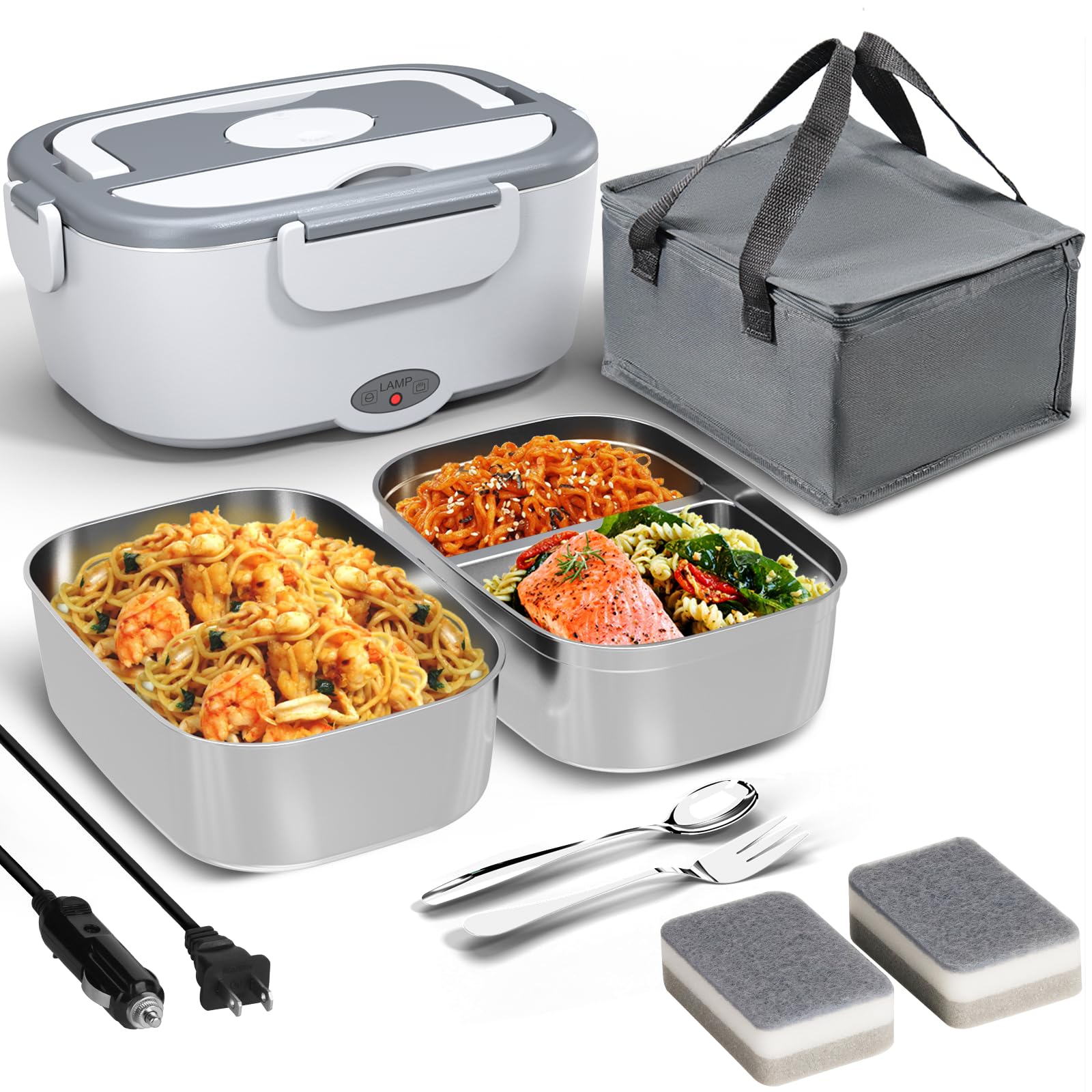 Sitlais Electric Lunch Box Food Heater for Work - 12V/24V/110-220V Food Warmer for Car Truck Outdoor with 2 Packs Stainless Steel Containers Potable Heating lunch Box for Adults Camping(white)