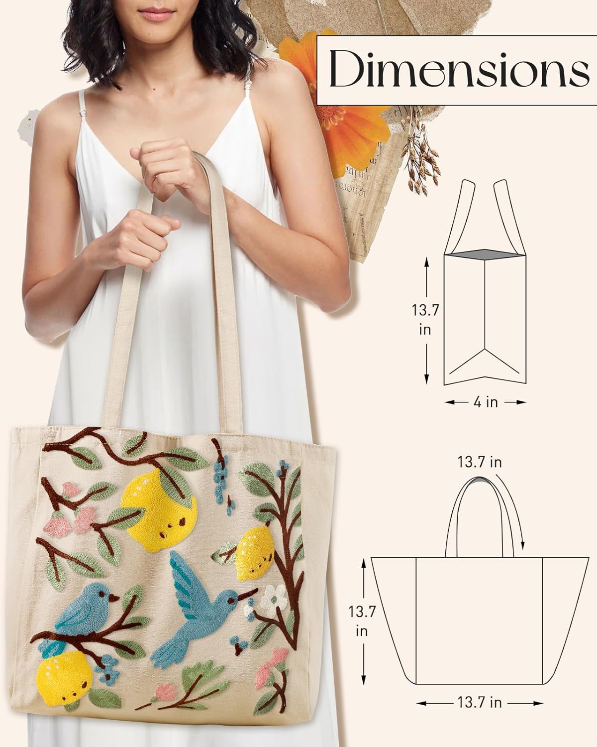 Embroidery Canvas Tote Bag for Women - Reusable Tote with Buckle Aesthetic Cute Shoulder Bag for Shopping, Grocery - Image 2