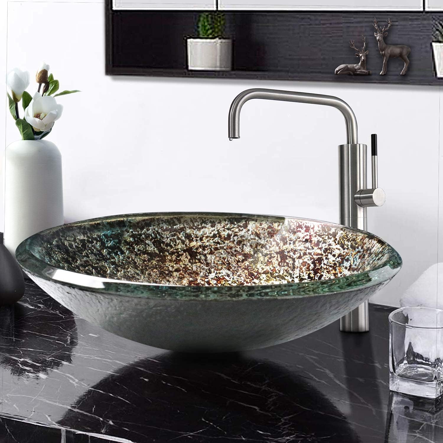 One-Day Sale: Up to 60% Off Enbol Artistic Vessel Sink Bathroom Tempered Glass Vanity Bowl Above Counter with Mounting Ring and Pop up Drain EGS-L9104