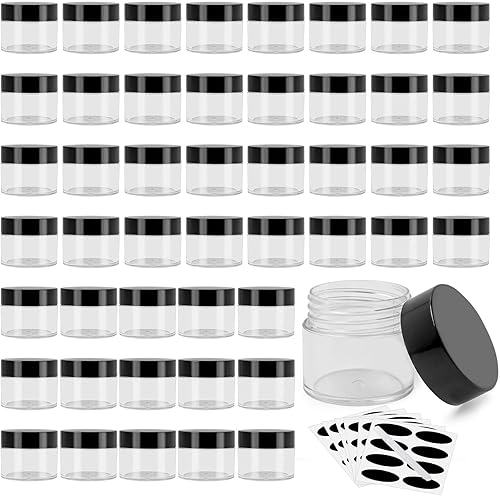 Paquete de 48 tarros de plástico con tapas negras, recipientes de plástico de boca ancha, recipiente redondo transparente apilable para cosméticos