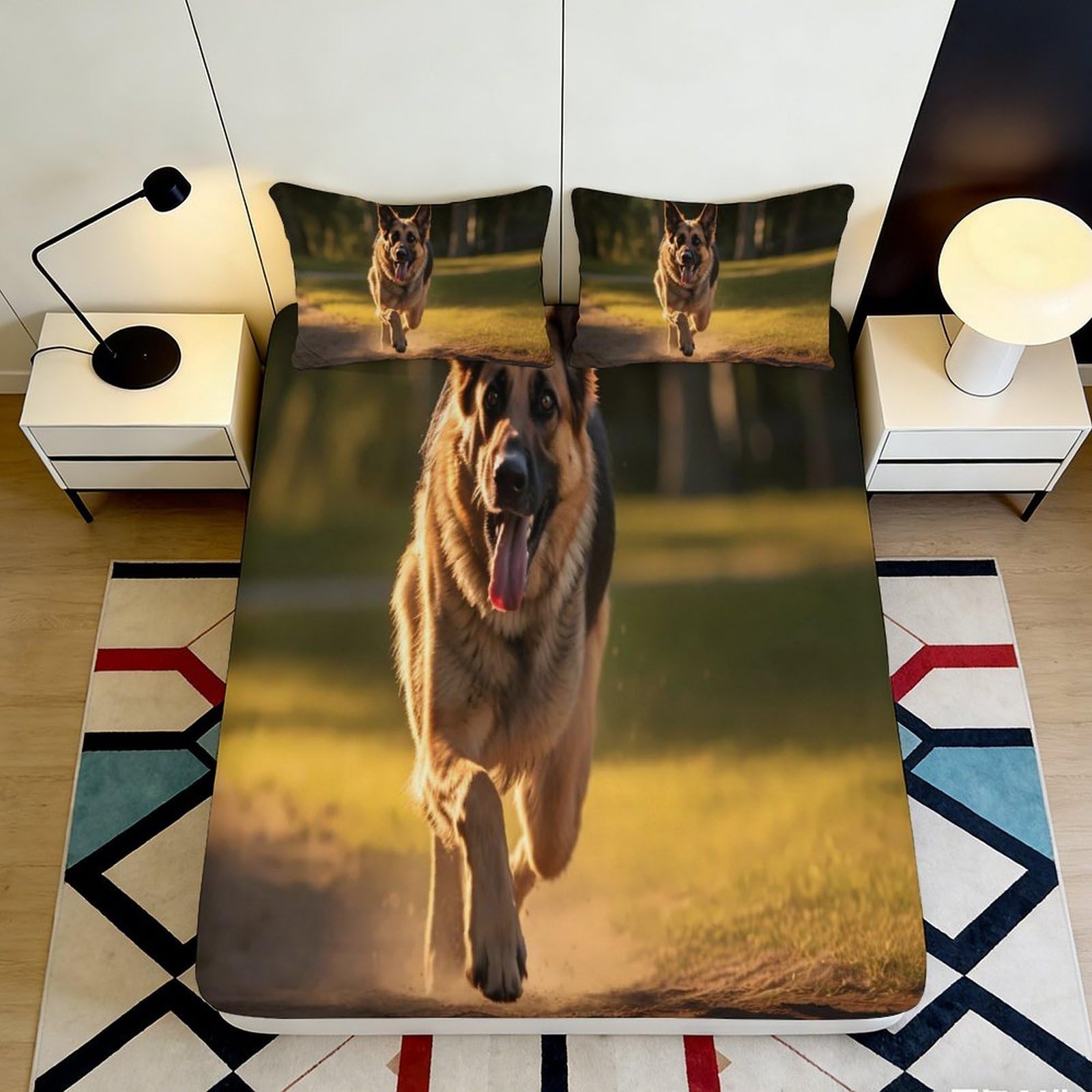 3D Printed German Shepherd Dog Fitted Sheet Microfiber Durable Soft 3D Printed Running Dog Bed Cover for Bedroom Dormitory Guest Room Mattress Protection 180x200x25cm