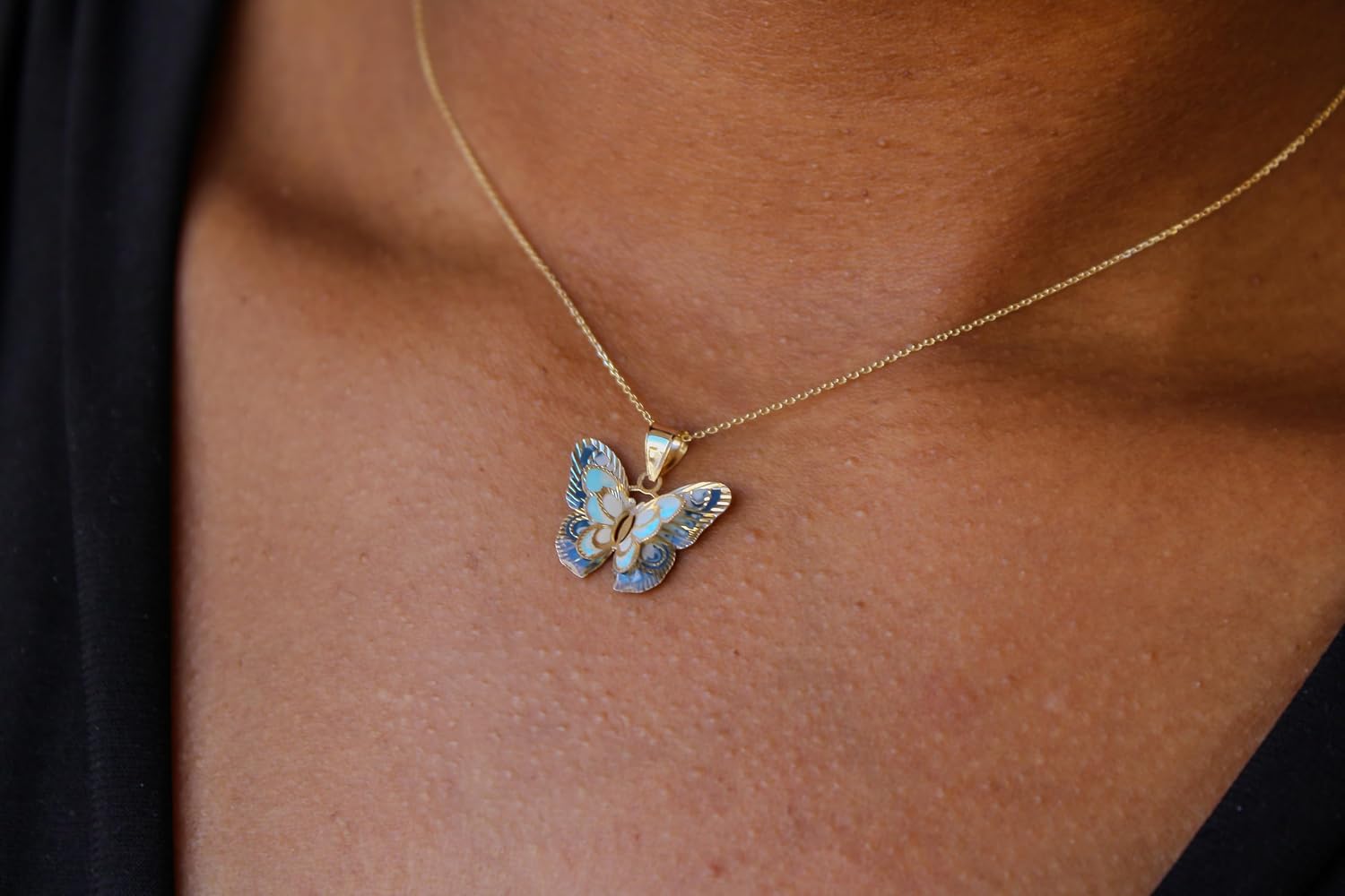 14k Solid Gold Butterfly Pendant, Hand-Painted Butterfly Charm, Blue Enamel, Animal, Insect Necklace, Authentic 14k, 585 Stamped