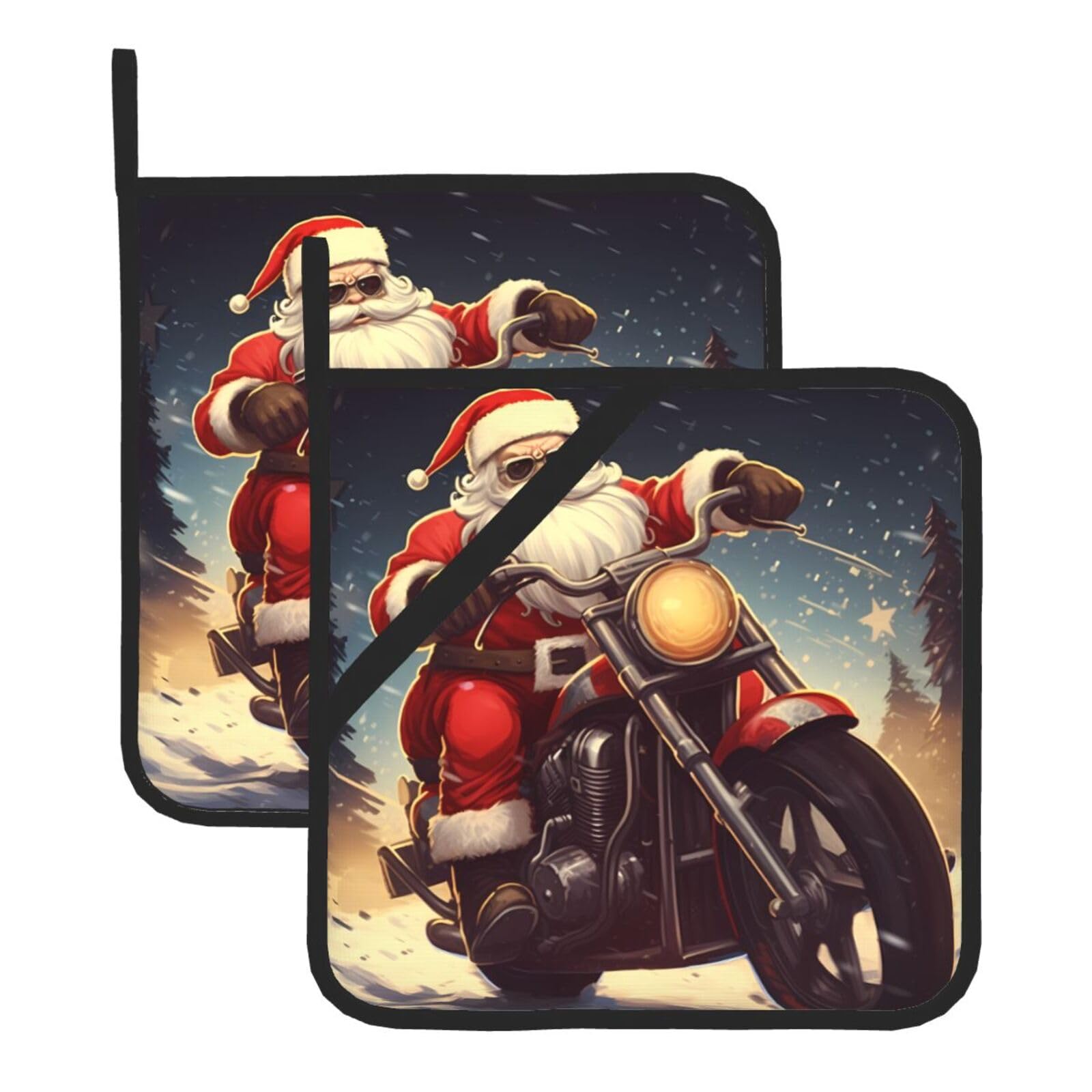 2Pcs Pot Holders for Kitchen Heat Resistant Potholder Santa Claus Biker Riding Hot Pads for Countertops Oven Pot Holders for Cooking Baking Kitchen Hot Mat Trivet 8 inch Hot Pad