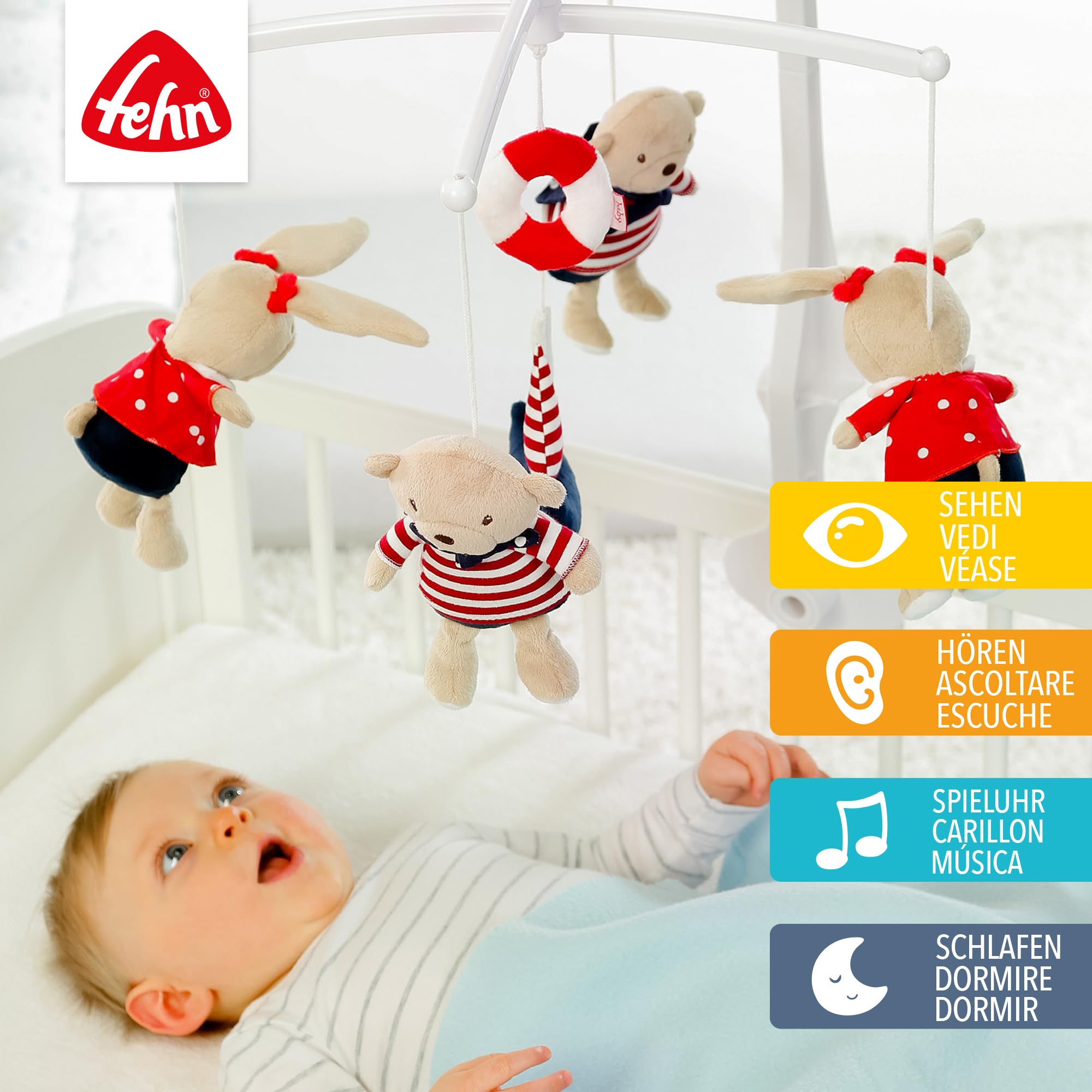 Fehn caja de música móvil Ocean Club - Juguete musical para ayudar a los bebés a conciliar el sueño con simpáticos animalitos - Melodía La luna ha salido - para bebés de 0 a 5 meses