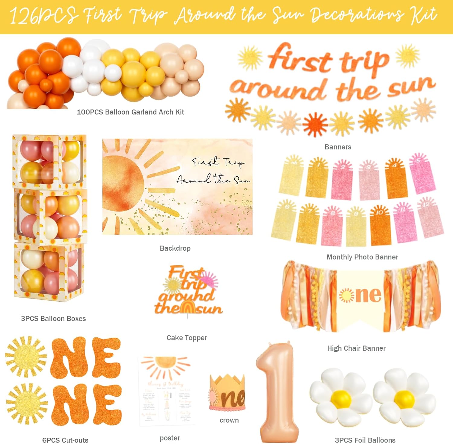 First Trip Around the Sun Decorations, 1st Birthday Decorations Girl, Boho Sun Rainbow One Year Old Birthday Party Supplies Backdrop Balloon Banner Cake Topper Box Cutout Poster Crown