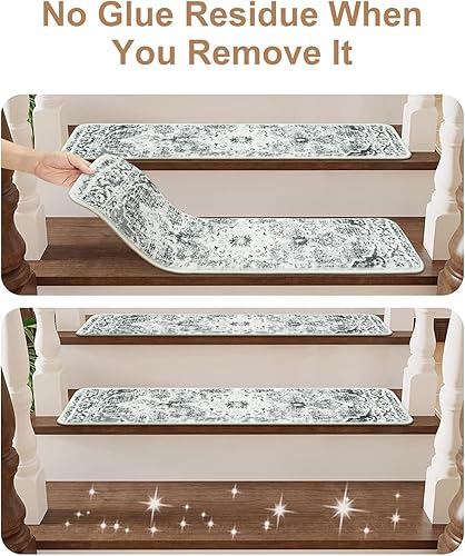 Miniatura 60 de OJIA Alfombra antideslizante a juego para peldaños de madera, parte trasera de goma cuadrada antideslizante, alfombra de aterrizaje para escaleras