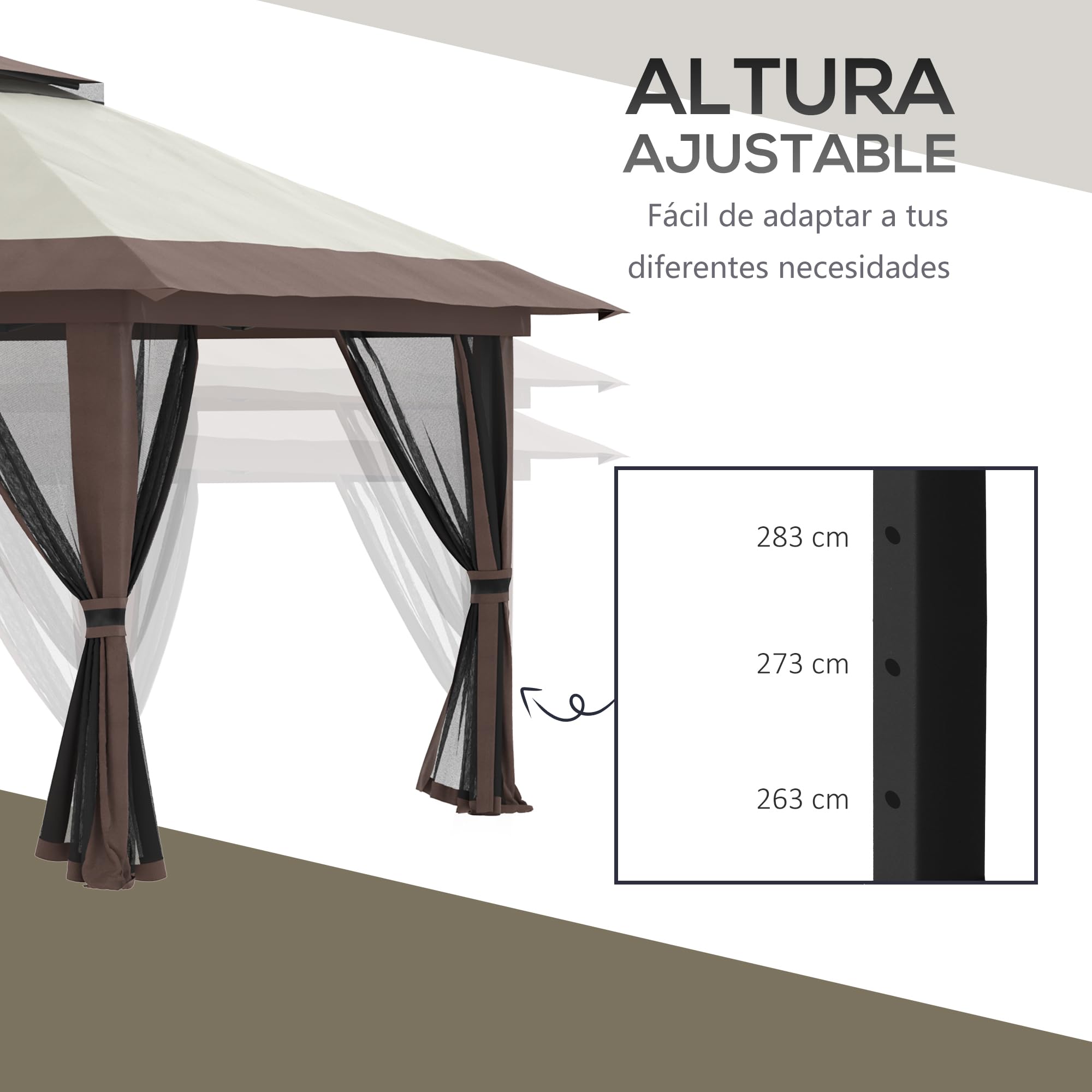 Outsunny Gazebo pieghevole pop-up, 4 x 4 x 2,8 m, altezza regolabile, beige