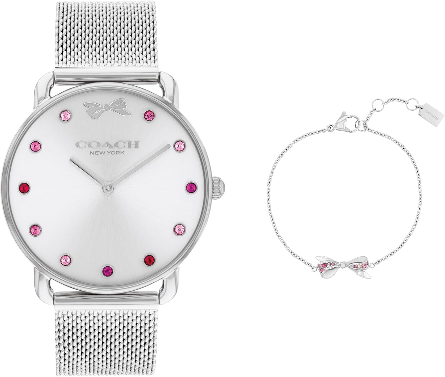Coach Elliot Women's Gift Set - 36mm Quartz Watch with Stainless Steel Mesh Strap - Includes Chain Bracelet with Bow - Gift for Her