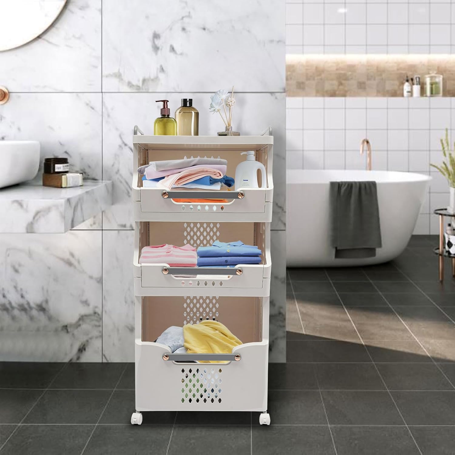3-Layer Laundry Basket, Foldable Washing Storage Clothes Hamper w/Wheels, Folding Rolling Laundry Cart for Home, Laundry Room, Bathroom, Bedroom, Living Room, Hotel, Dorm (3-Tier, White+Grey)