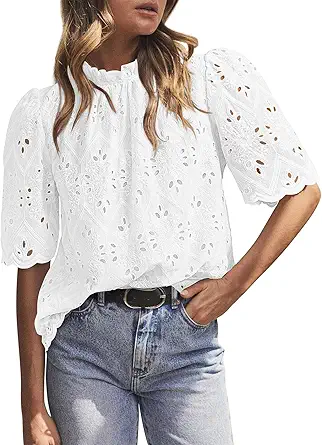 BETTE BOUTIK Womens Lace Tops 2025 Trendy Long Short Sleeve Eyelet Embroidered Dressy Casual Blouse Shirts