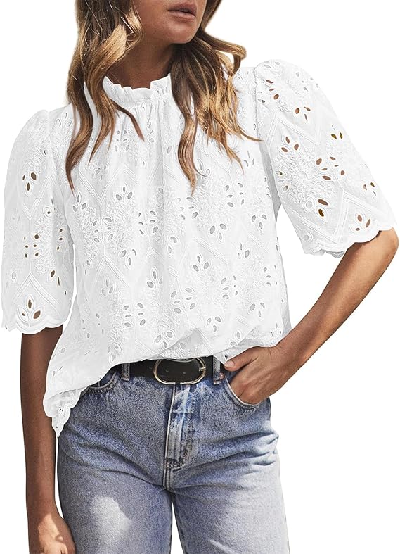 BETTE BOUTIK Womens Lace Tops 2025 Trendy Long Short Sleeve Eyelet Embroidered Dressy Casual Blouse Shirts