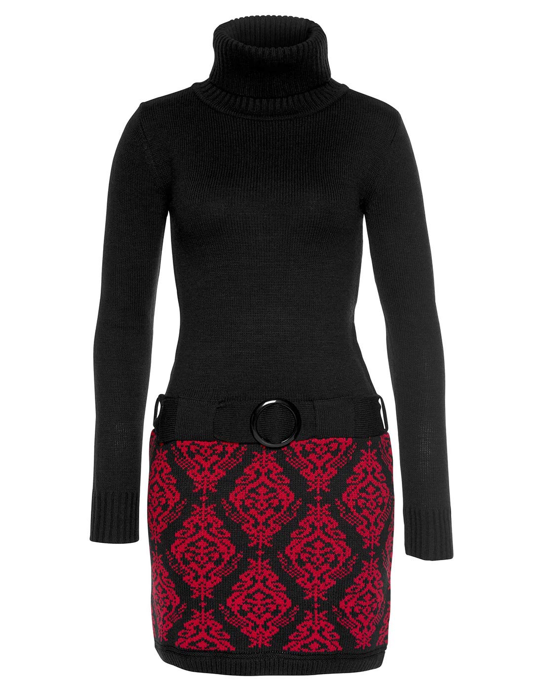 ELFIN Damen Rollkragen Pullover Kleid Elegant Winterkleid Strickkleid Knielang Minikleid mit Print-Rockteil Sweater Dress