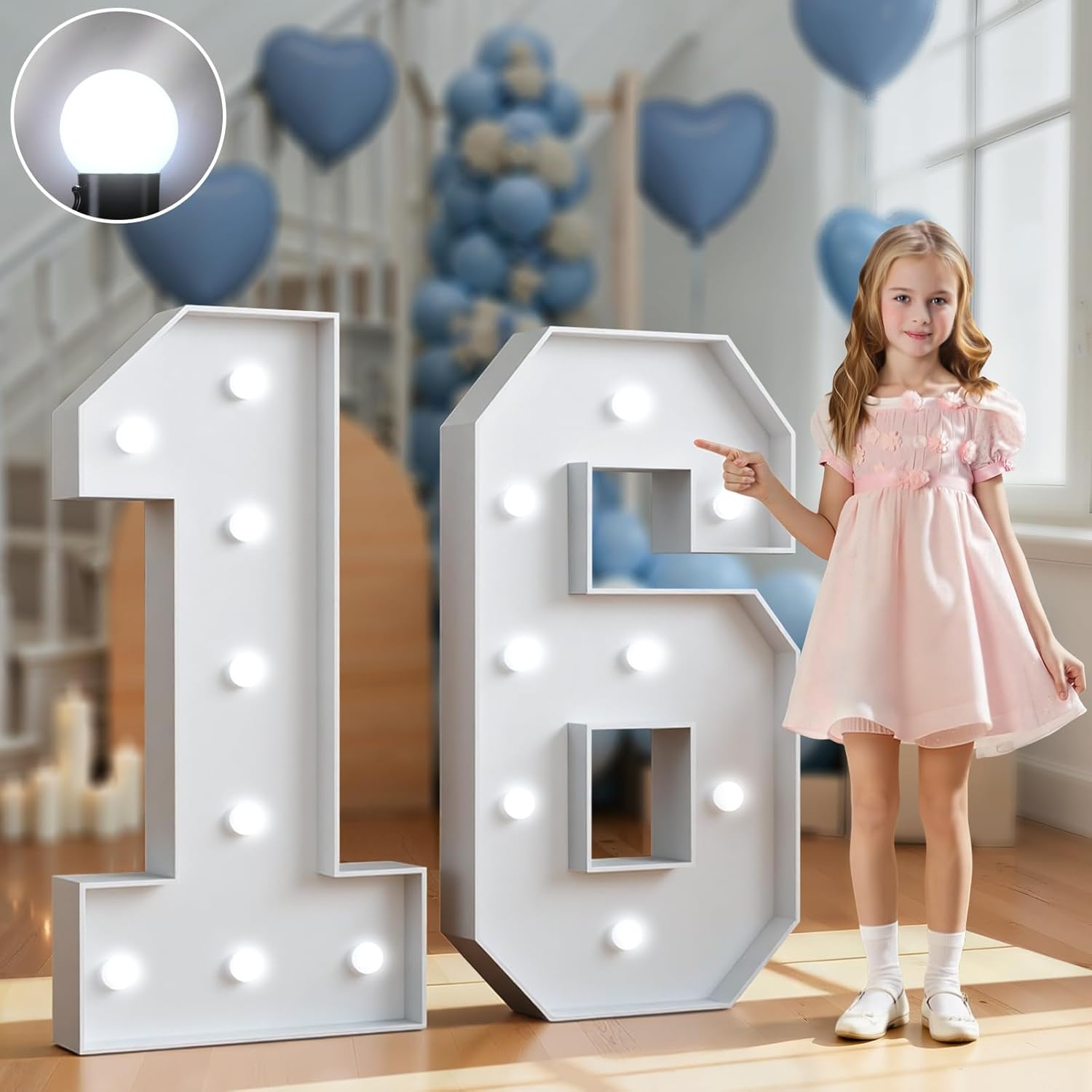 Marquee Numbers 3 Feet Tall Big Light Up Numbers Sweet 16 16th Happy Birthday Decorations Girl Boy White Anniversary Party Decor Large Cardboard Prop Backdrop Sign 16