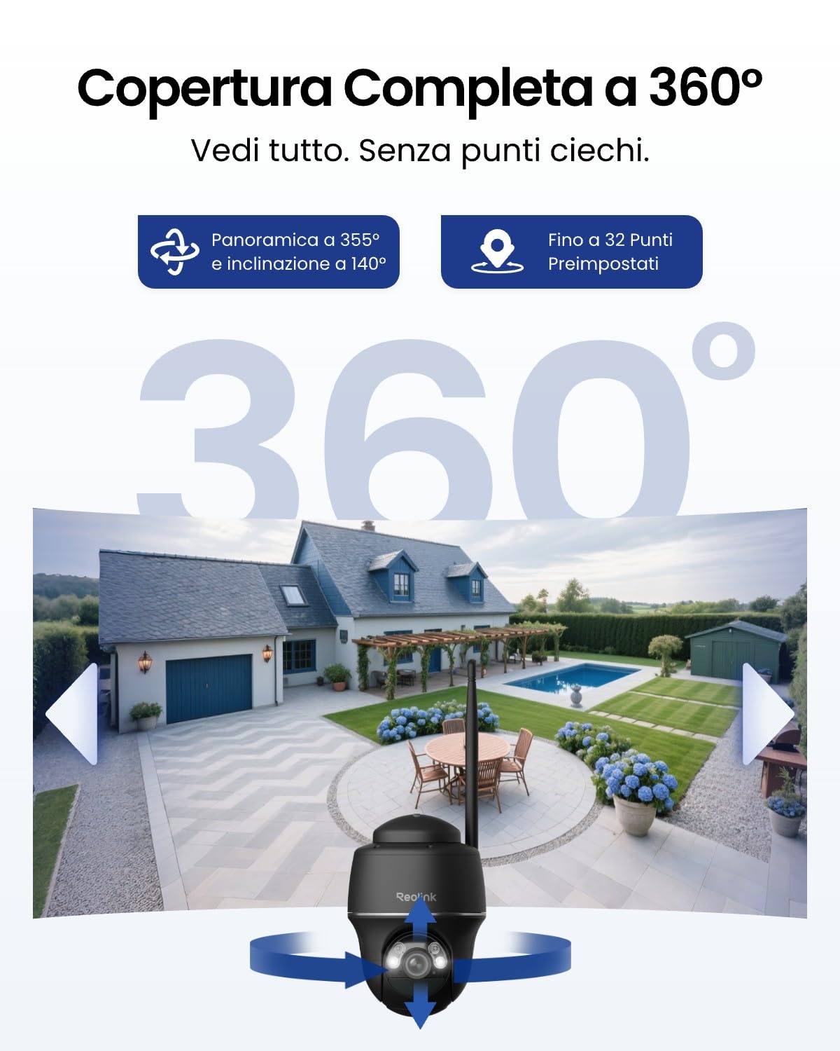 Reolink 5MP Telecamera WiFi Esterno Senza Fili a Batteria, 360° PTZ Videosorveglianza WiFi 2,4/5 GHz, Rilevamento Smart, Audio a 2 Vie, Compatibile con Alexa/Cloud, Argus PT(Nero) con Pannello Solare
