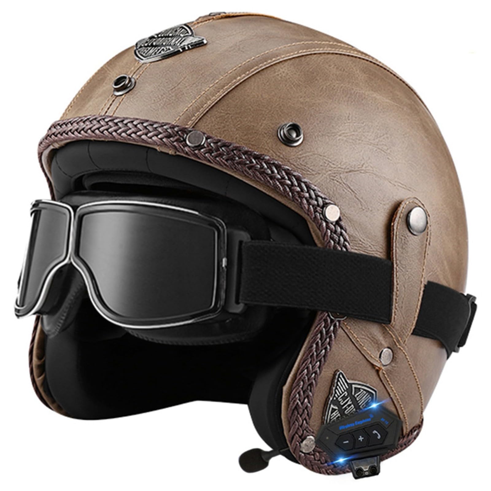 Motorbike Open Face Bluetooth Helmet Retro Jet Motorcycle Leather Helmet Adult Half Helmet with Fashion Goggles ECE Approved Men's and women's 3/4 helmets Moped Scooter